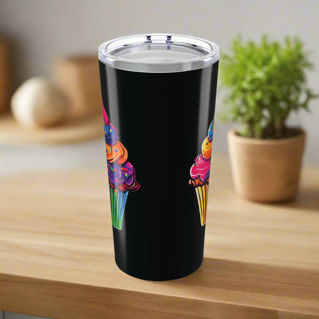 Large Colorful Cupcakes on Black Tumbler 20oz Dishwasher Safe