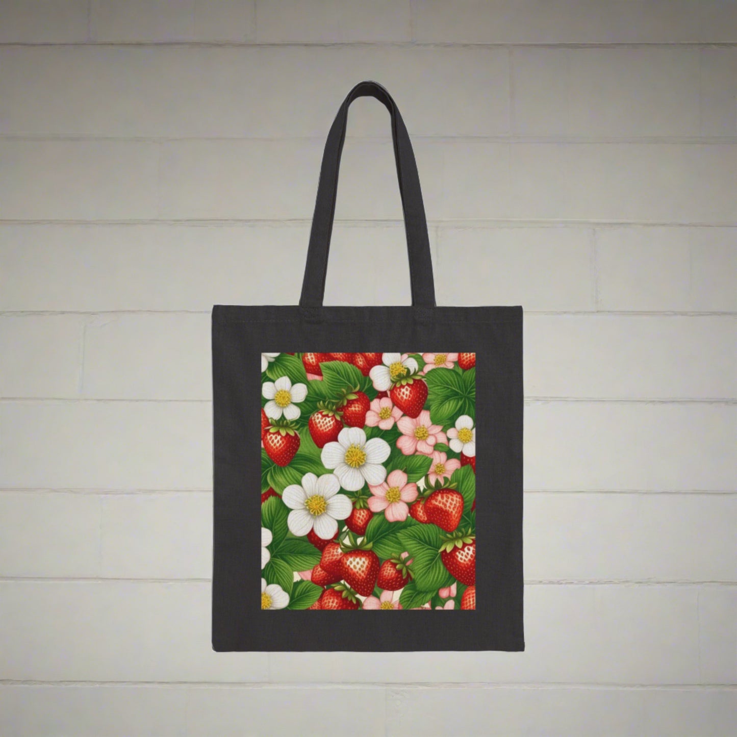 Strawberry Dreams Print on Front of Cotton Canvas Tote Bag