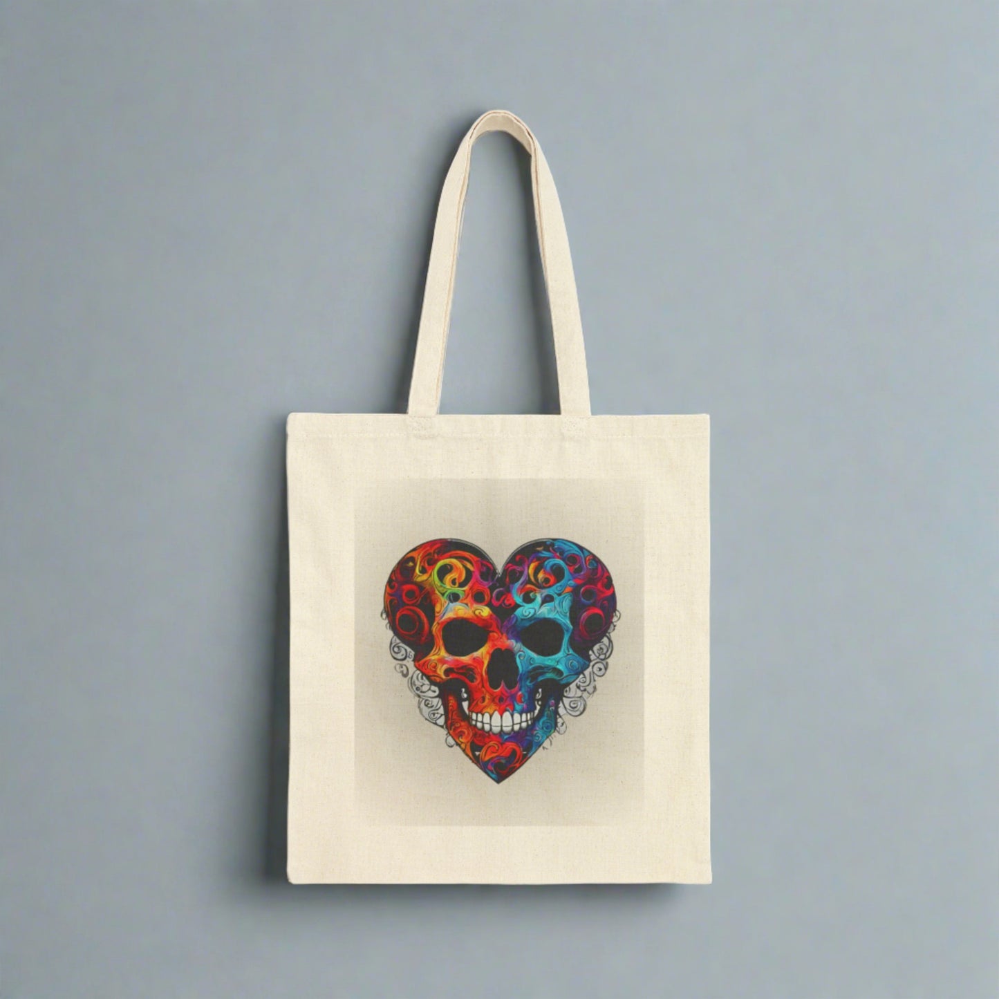 Canvas Tote Bag with Colorful Skull Heart Print on Front