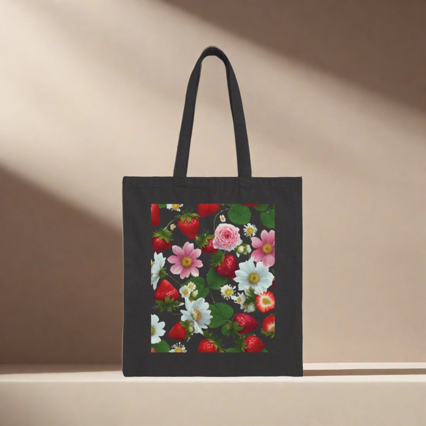 Strawberry Floral Print on Both Sides on Cotton Canvas Tote Bag