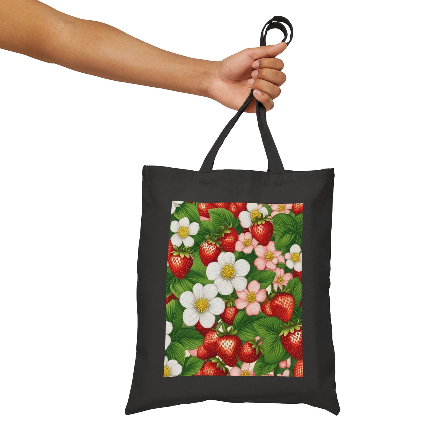 Strawberry Dreams Print on Front of Cotton Canvas Tote Bag