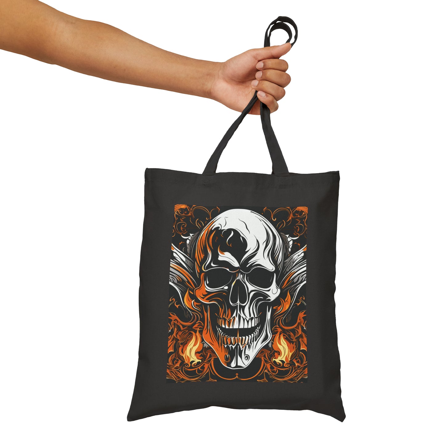 Cotton Canvas Tote Bag with a Flaming Skull Print on Front