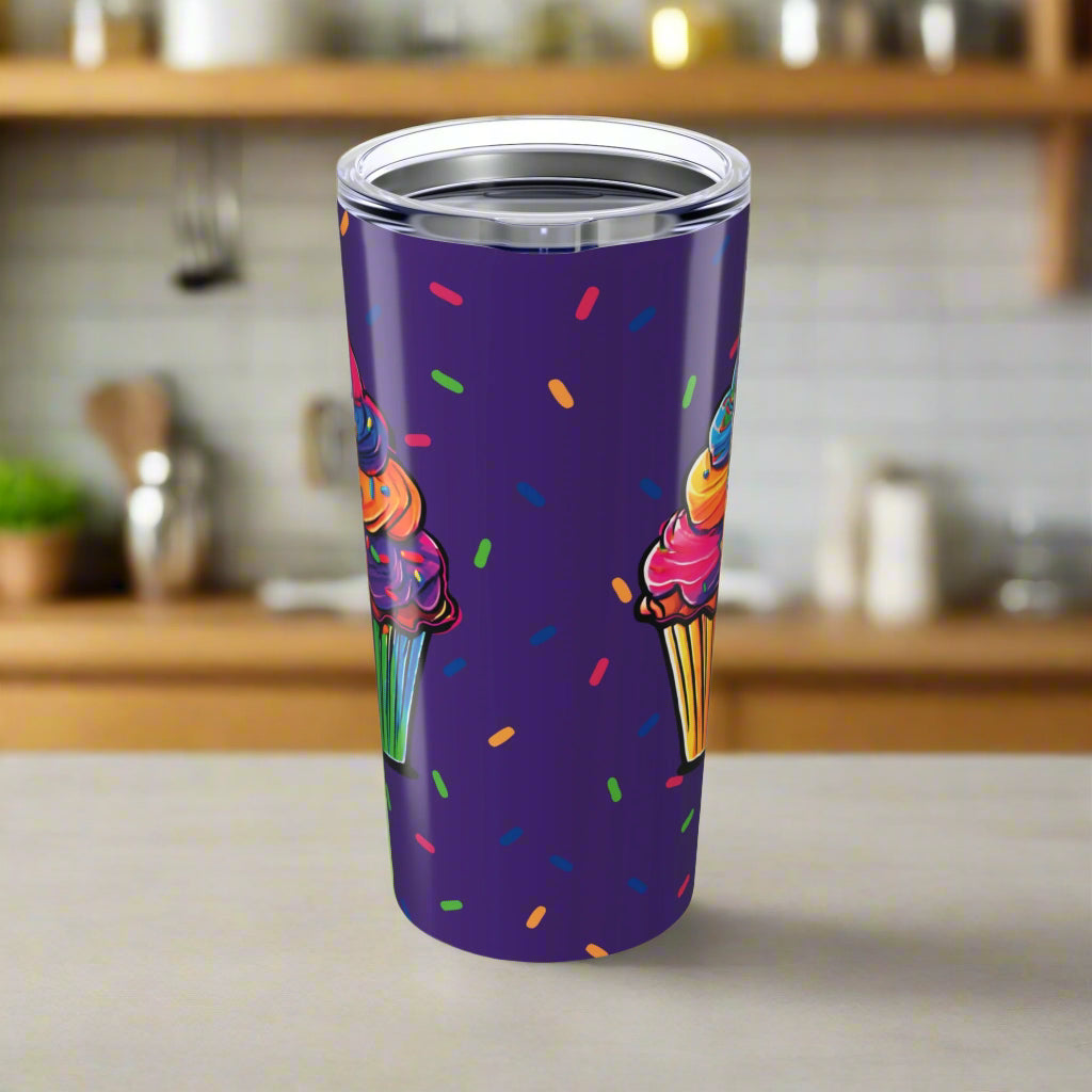 Large Colorful Cupcakes with Sprinkles on Dark Purple Tumbler 20oz Dishwasher Safe