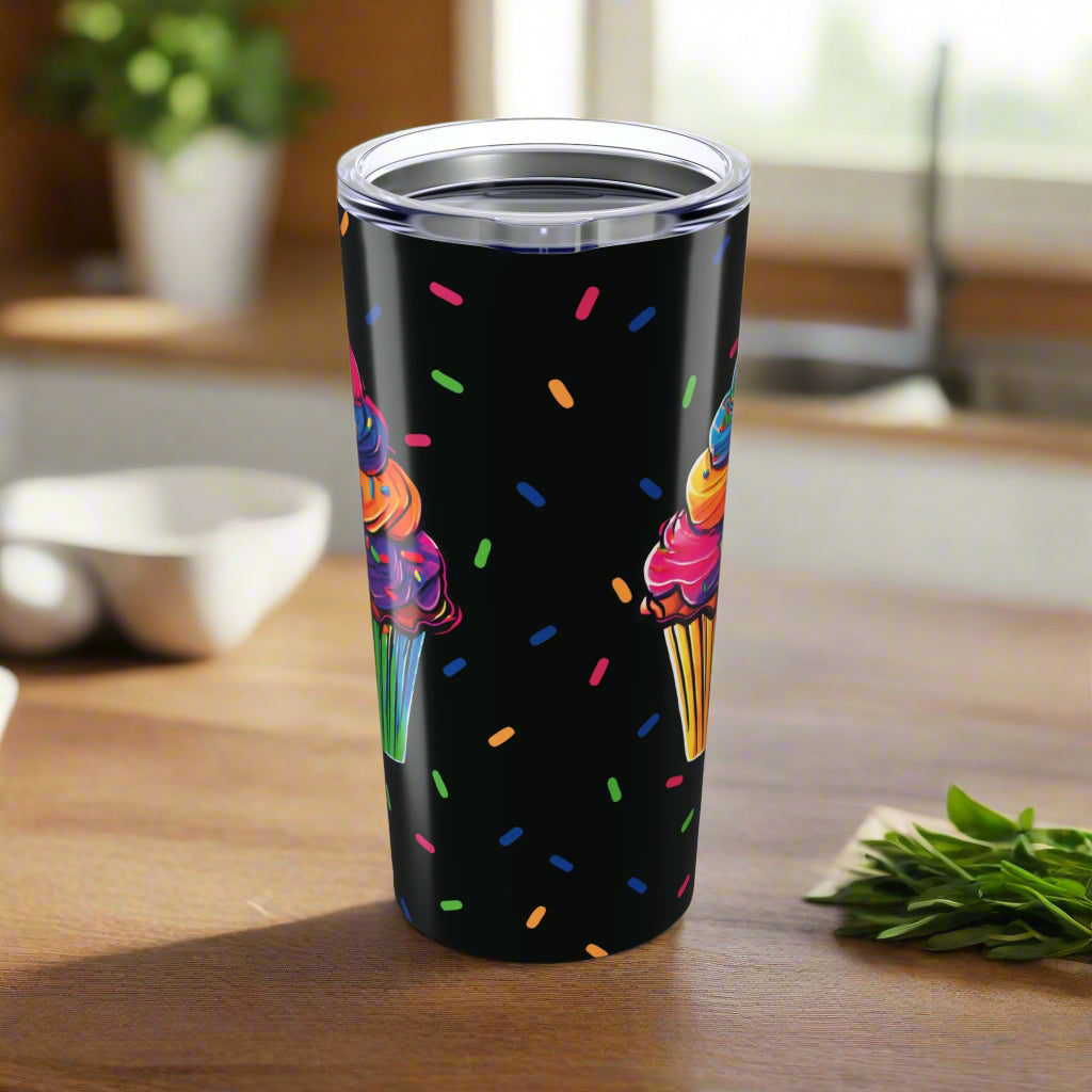 Large Colorful Cupcakes with Sprinkles on Black Tumbler 20oz Dishwasher Safe