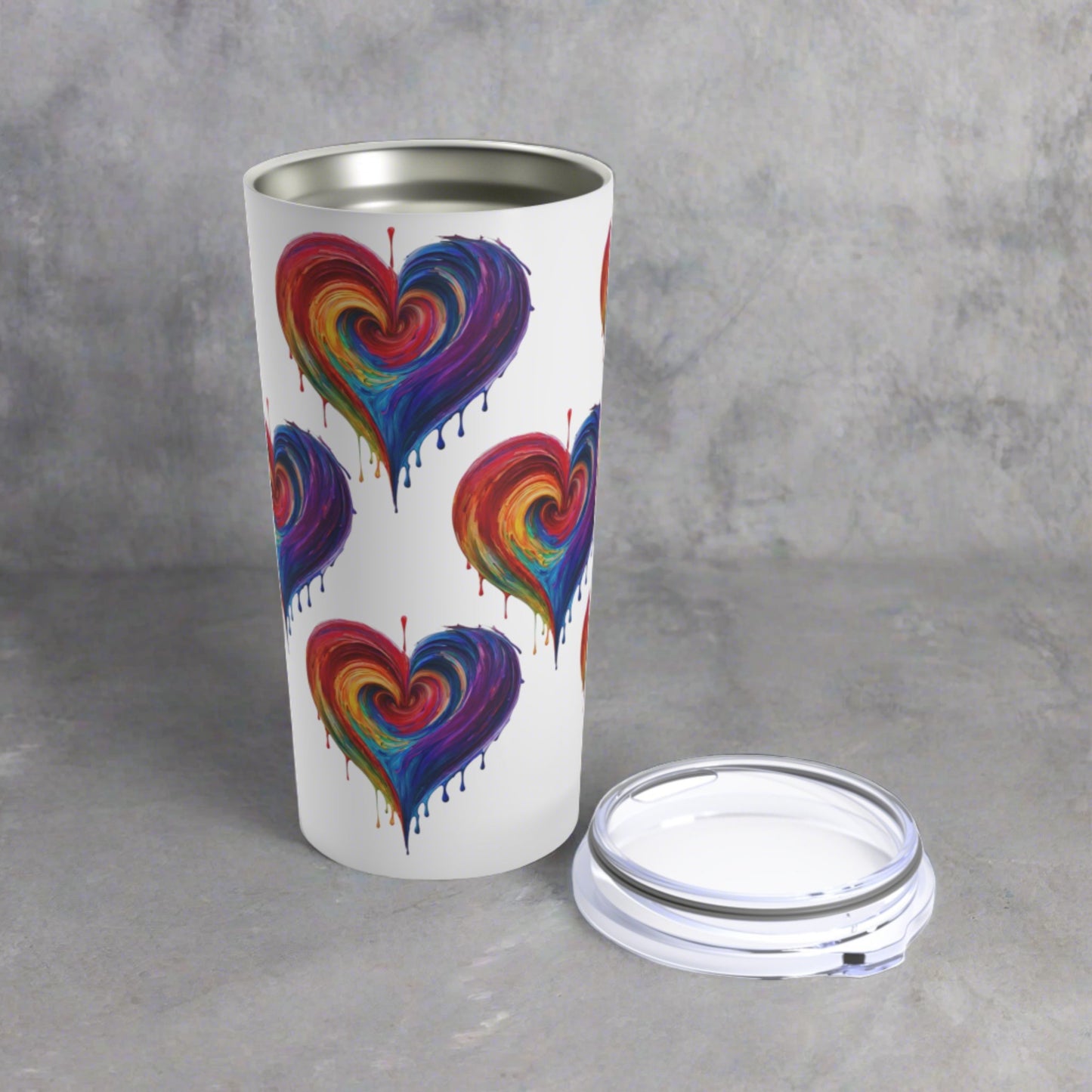 Rainbow Heart Bleeding Colors Tumbler in White 20oz Dishwasher Safe