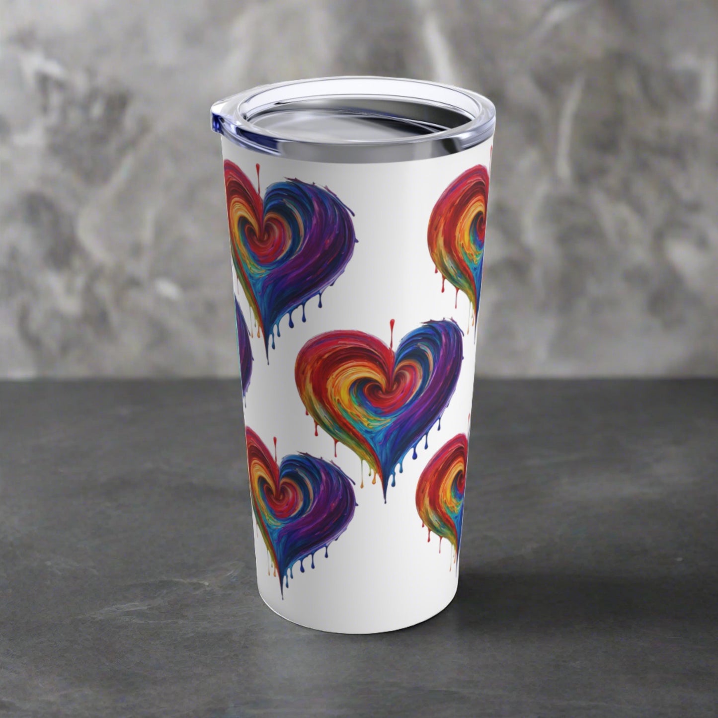Rainbow Heart Bleeding Colors Tumbler in White 20oz Dishwasher Safe