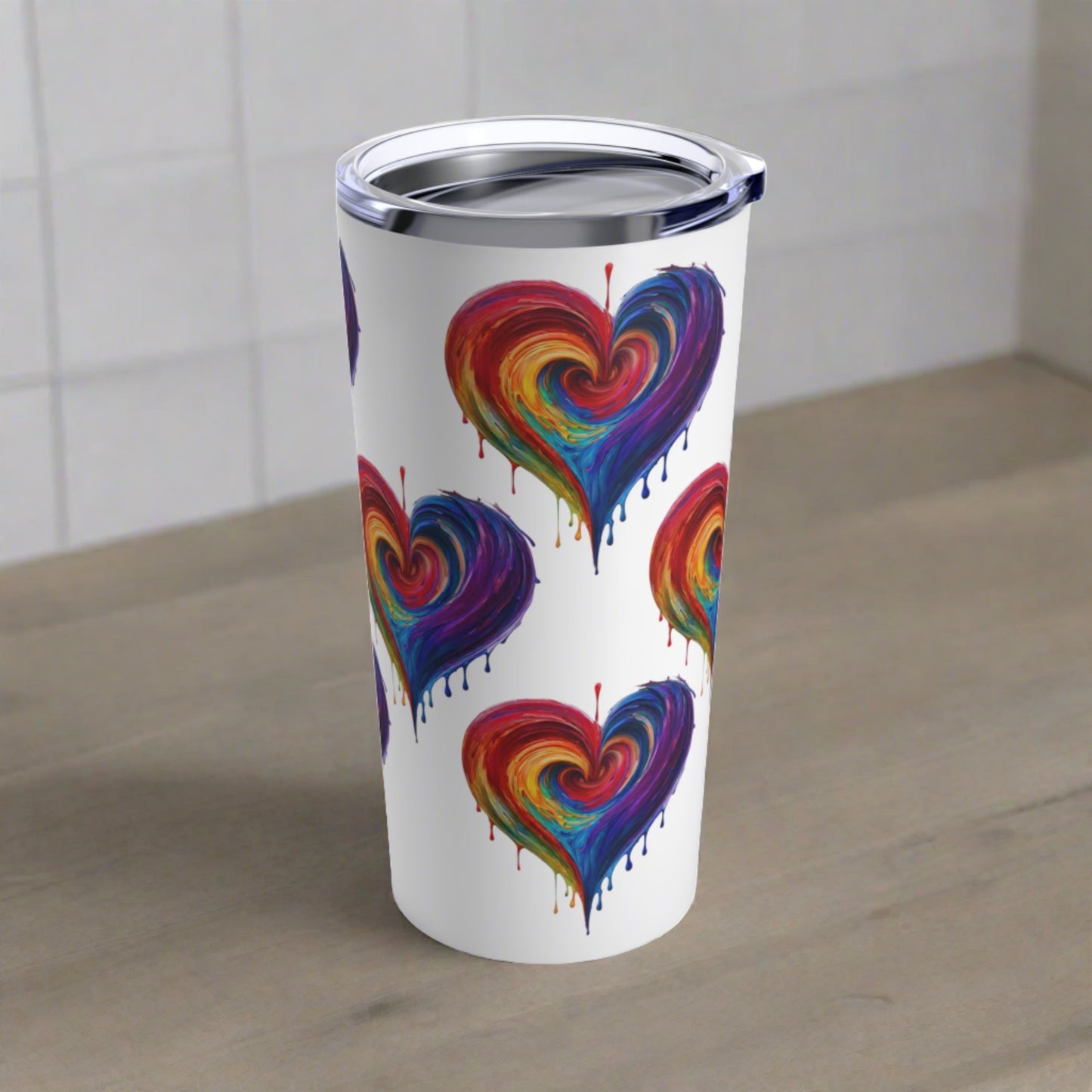 Rainbow Heart Bleeding Colors Tumbler in White 20oz Dishwasher Safe