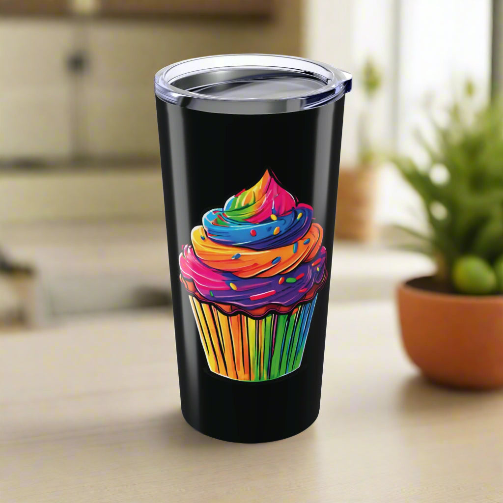 Large Colorful Cupcakes on Black Tumbler 20oz Dishwasher Safe