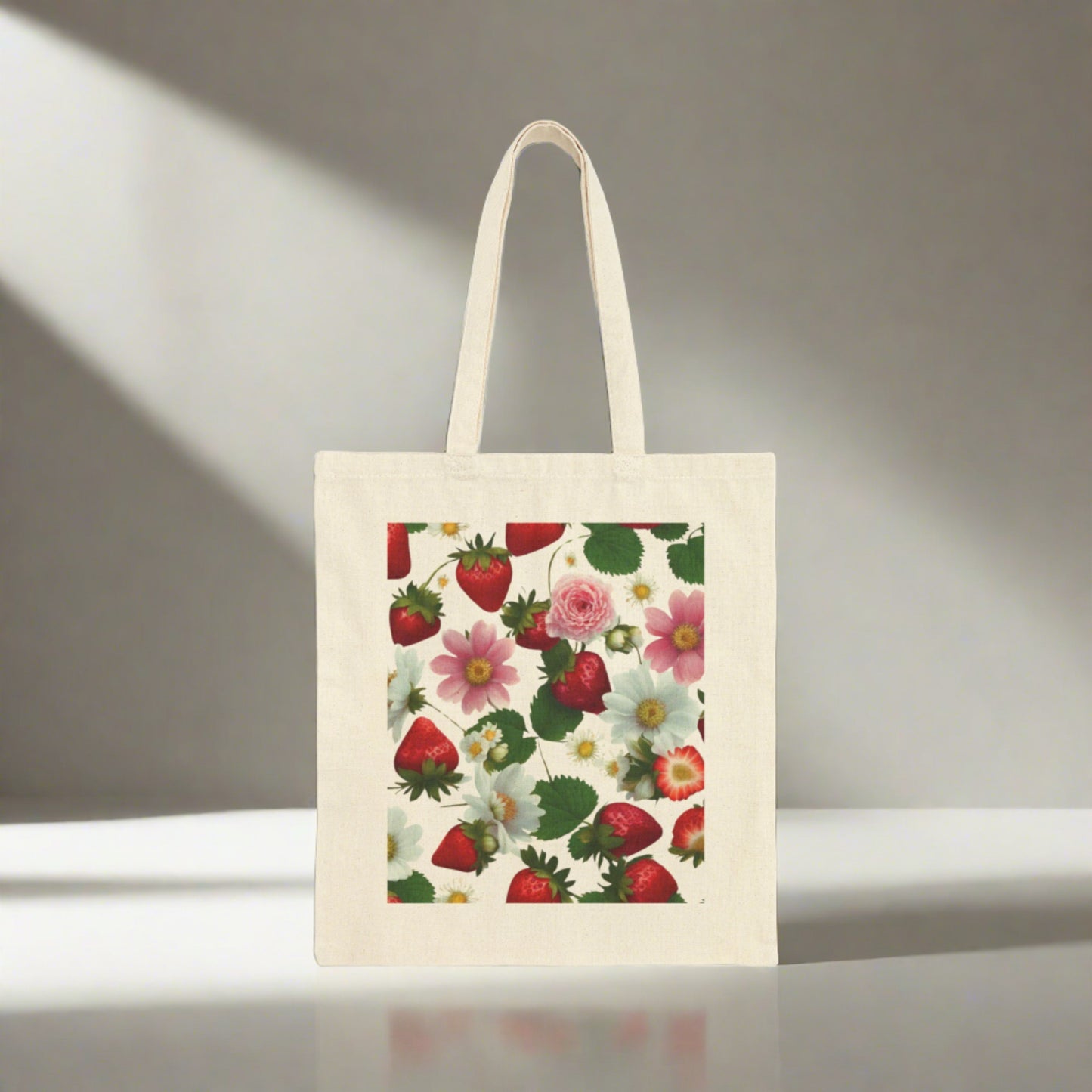 Strawberry Floral Print on Both Sides on Cotton Canvas Tote Bag