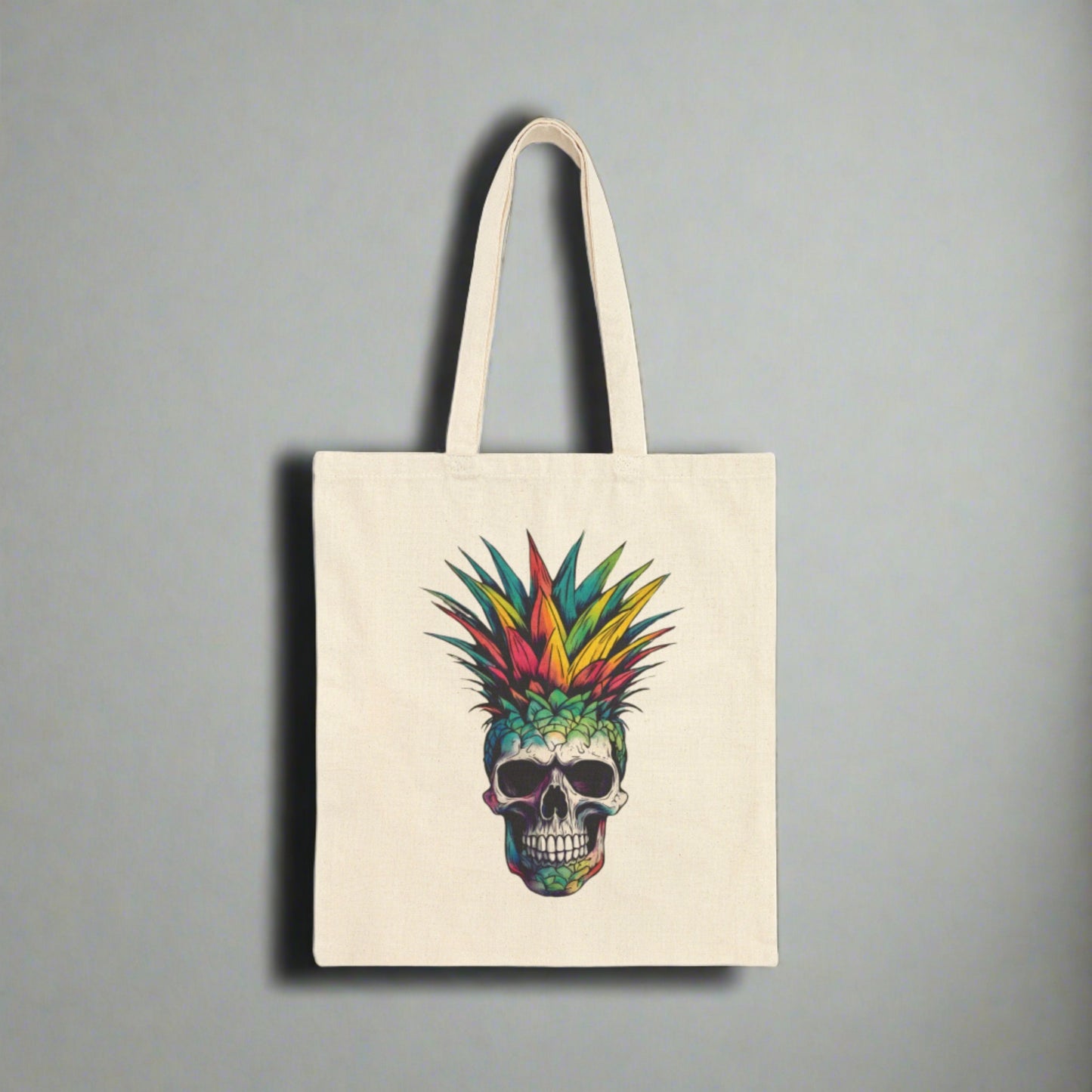 Colorful Pineapple Skull Print on Front - Cotton Canvas Tote Bag