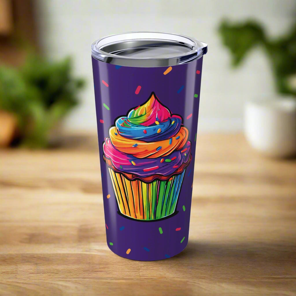 Large Colorful Cupcakes with Sprinkles on Dark Purple Tumbler 20oz Dishwasher Safe