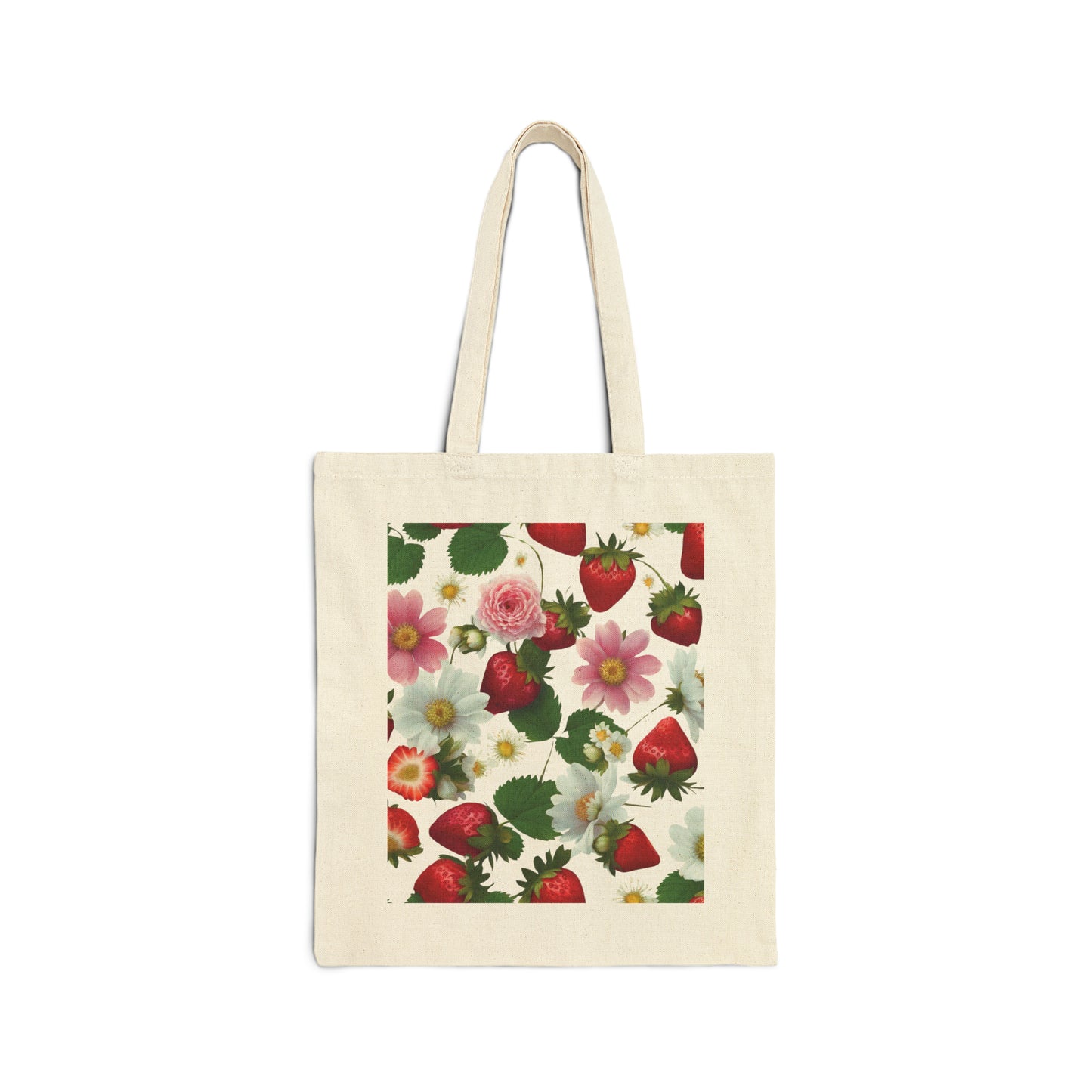 Cotton Canvas Tote Bag with Strawberry Floral Print Front Only