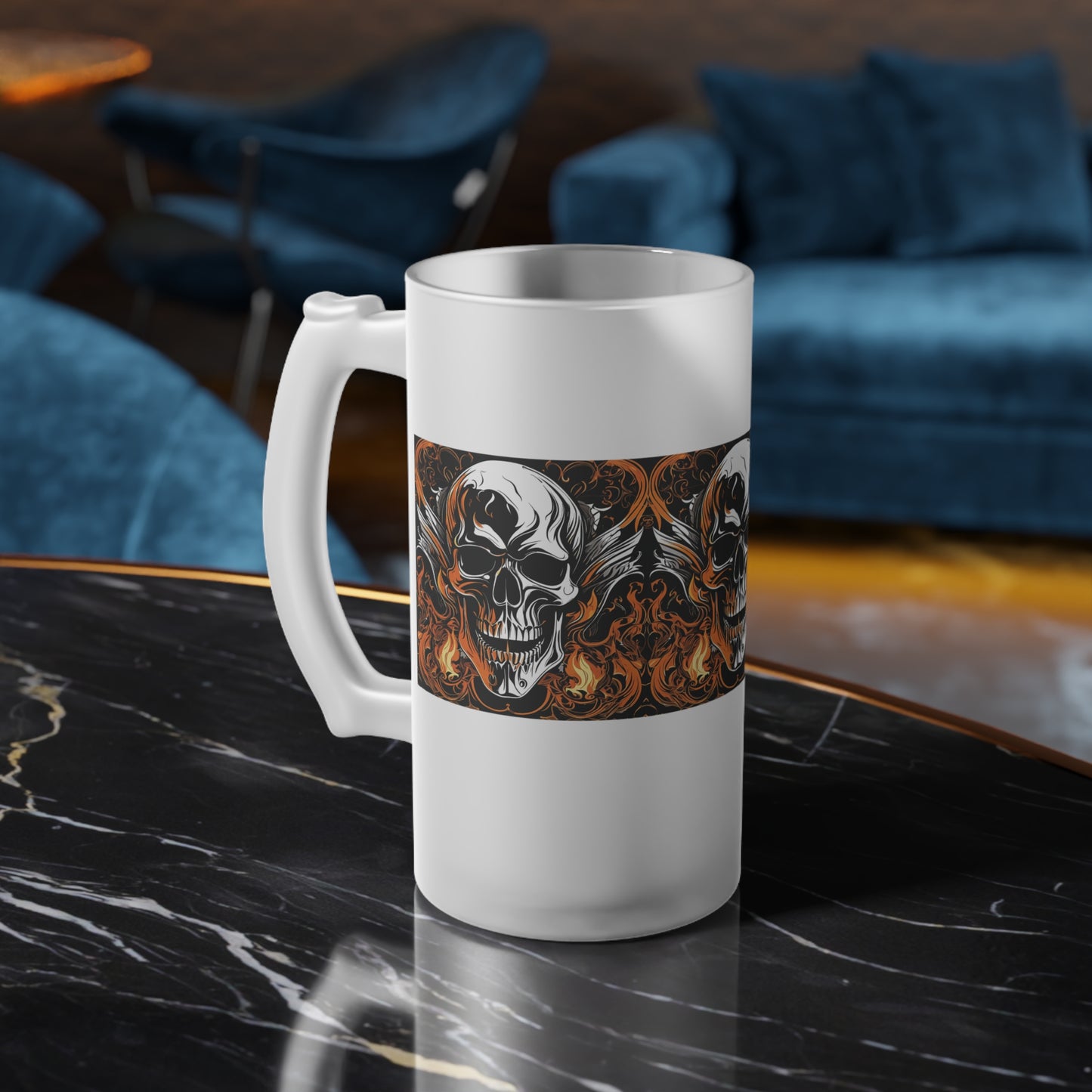 Flaming Skull Frosted Glass Beer Mug