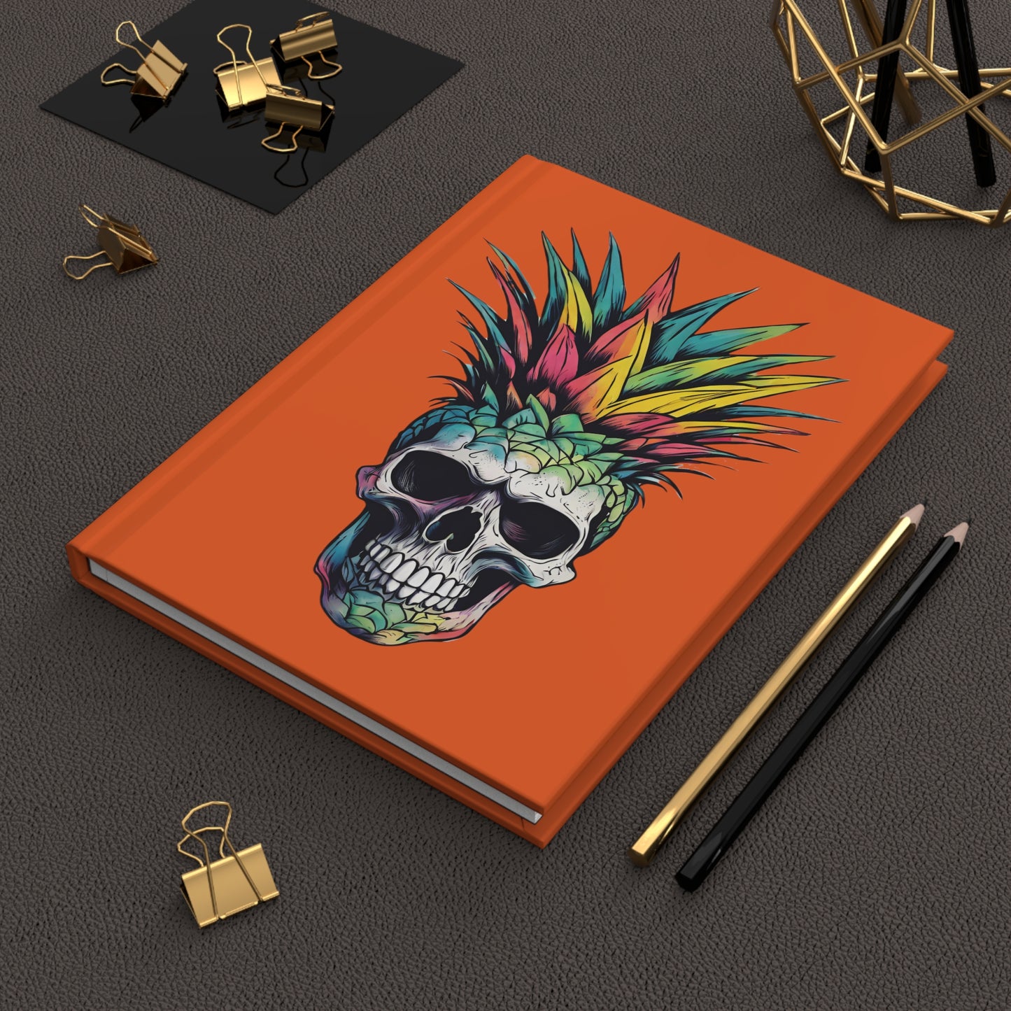 Colorful Pineapple Skull on Orange Hardcover Journal Matte Tropical