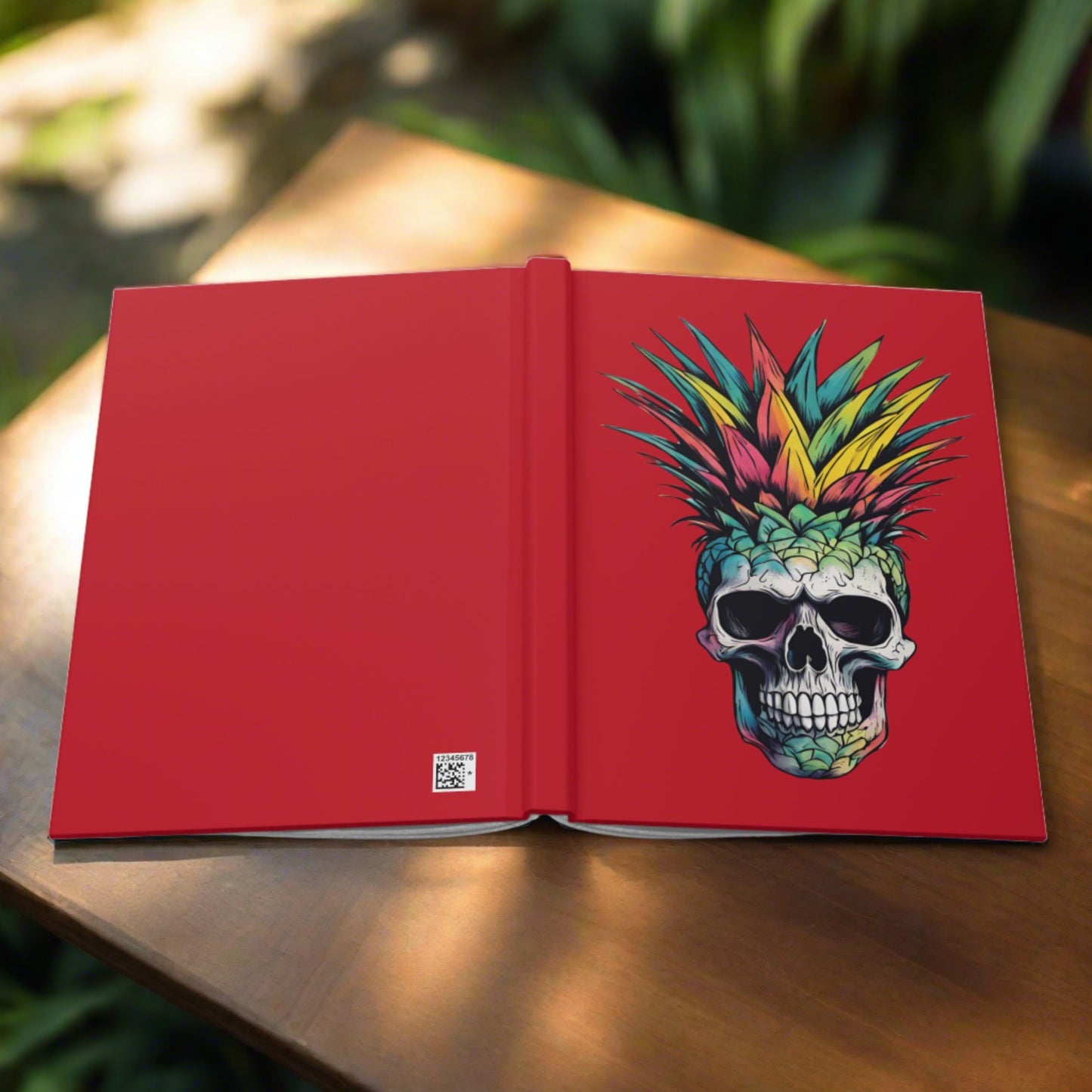 Colorful Pineapple Skull on Red Hardcover Journal Matte