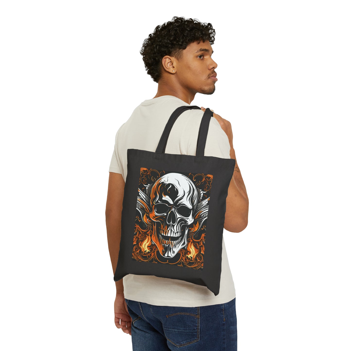 Cotton Canvas Tote Bag with a Flaming Skull Print on Both Sides