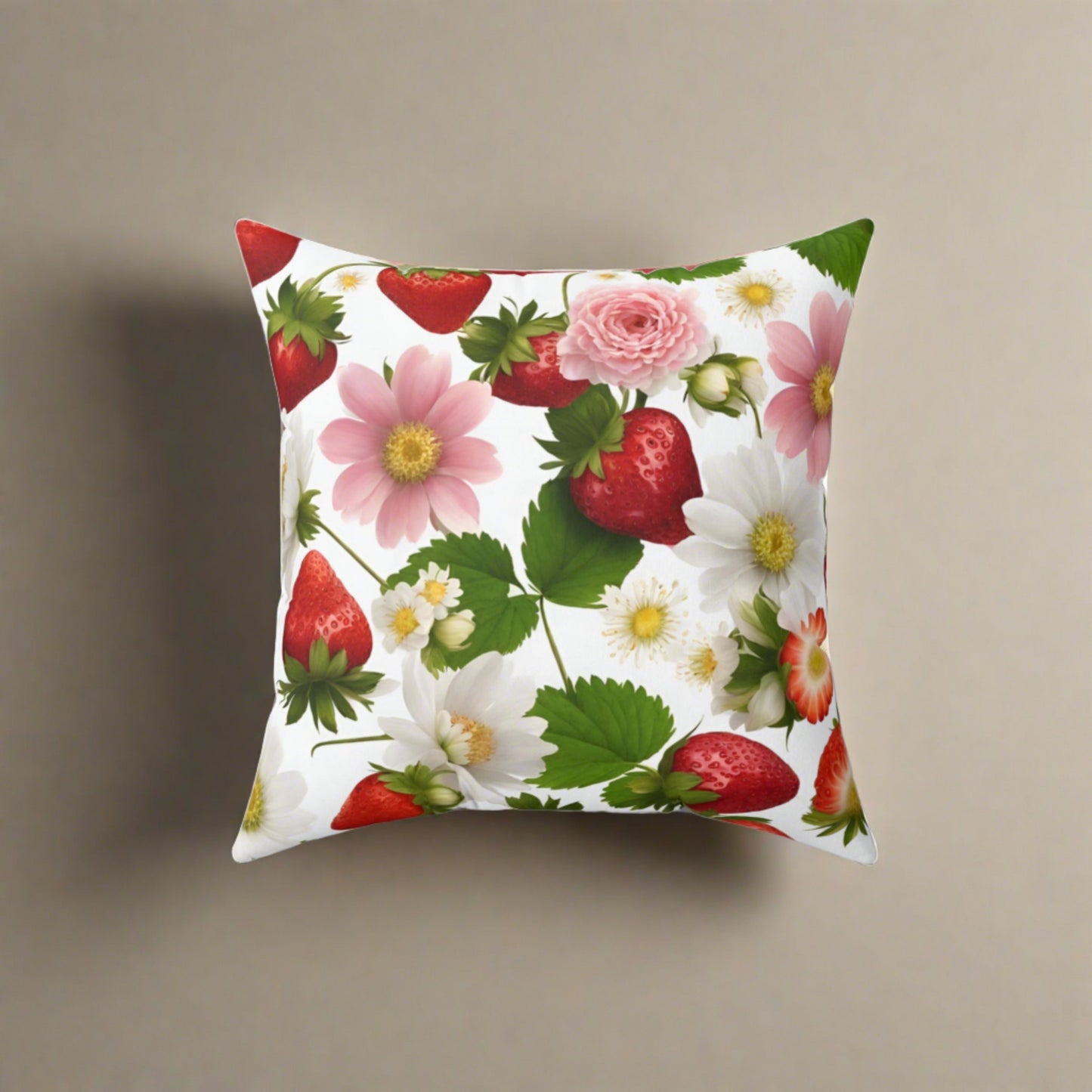 Strawberry Floral Design on Both Sides of Spun Polyester Square Pillow