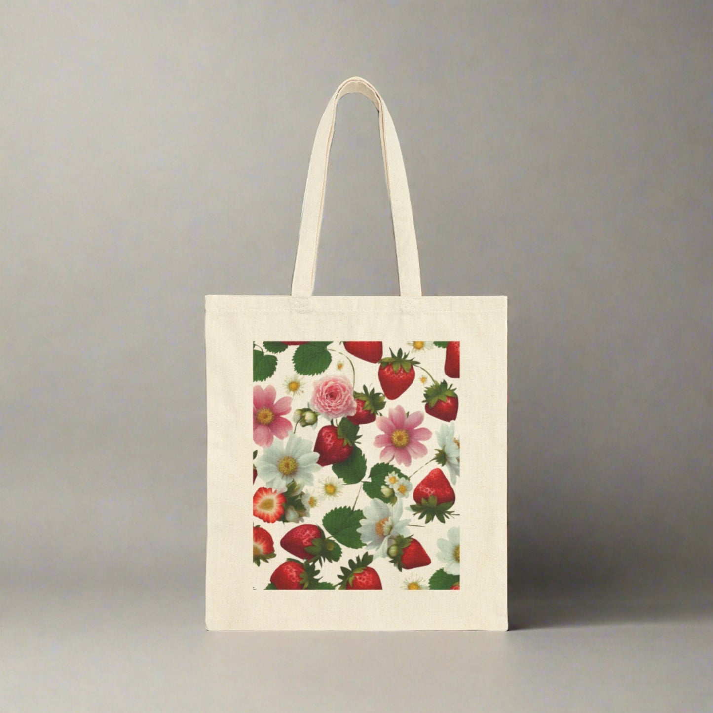Strawberry Floral Print on Both Sides on Cotton Canvas Tote Bag