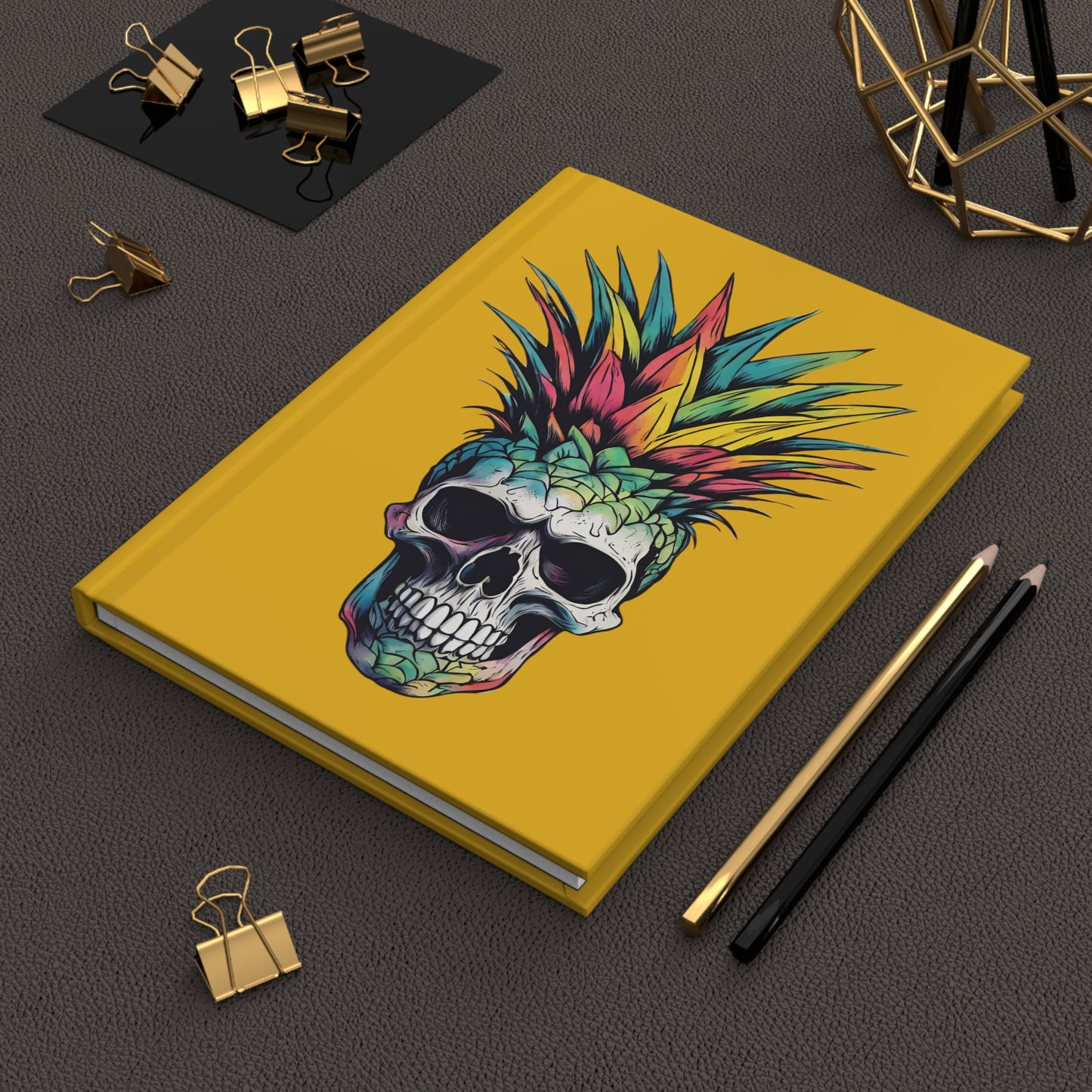 Colorful Pineapple Skull on Yellow Hardcover Journal Matte