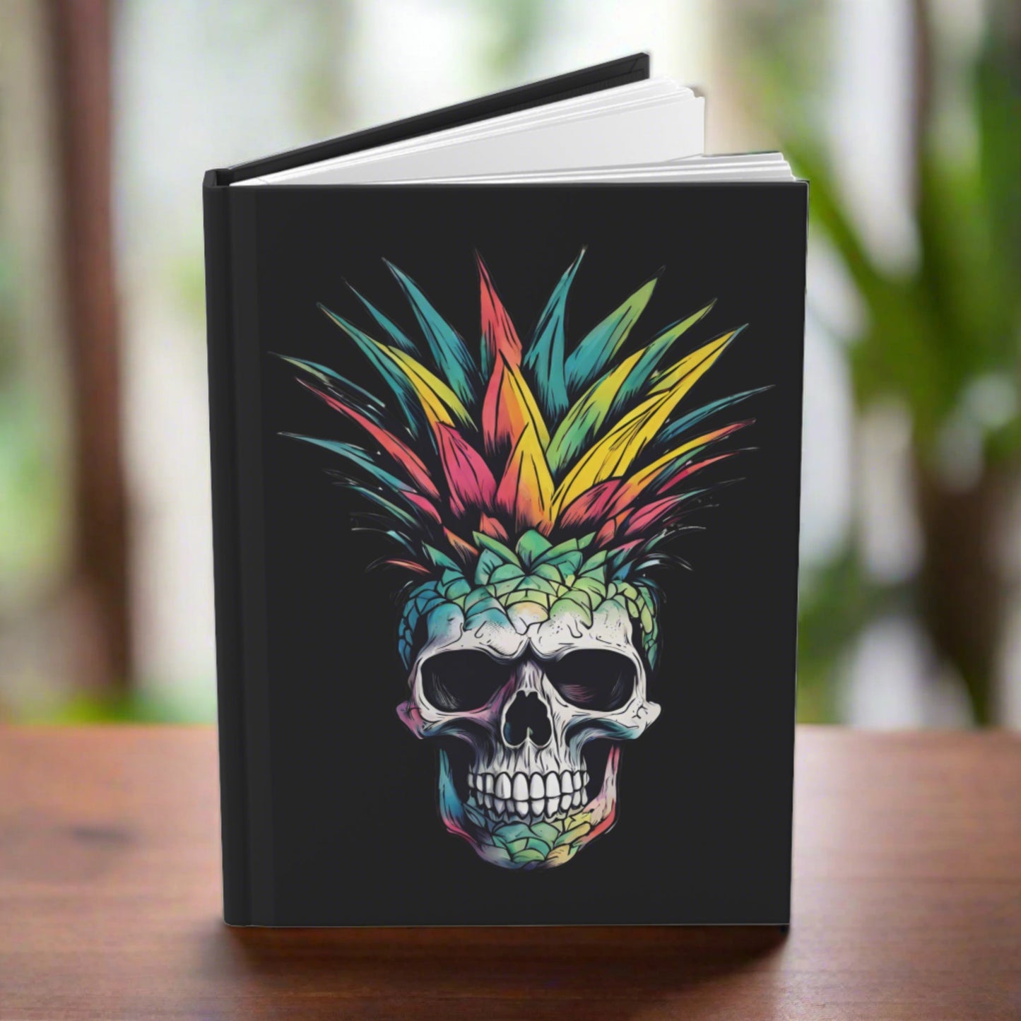 Colorful Pineapple Skull on Black Hardcover Journal Matte