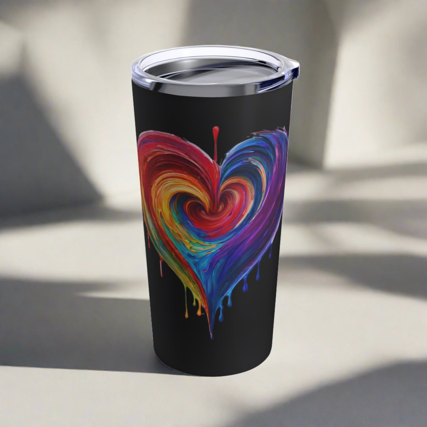 Heart Bleeding Colors on Black Tumbler 20oz Dishwasher Safe Rainbow