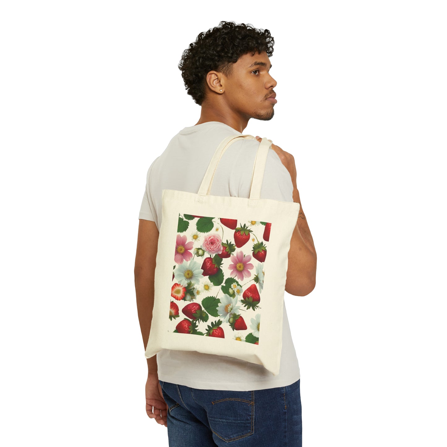 Cotton Canvas Tote Bag with Strawberry Floral Print Front Only