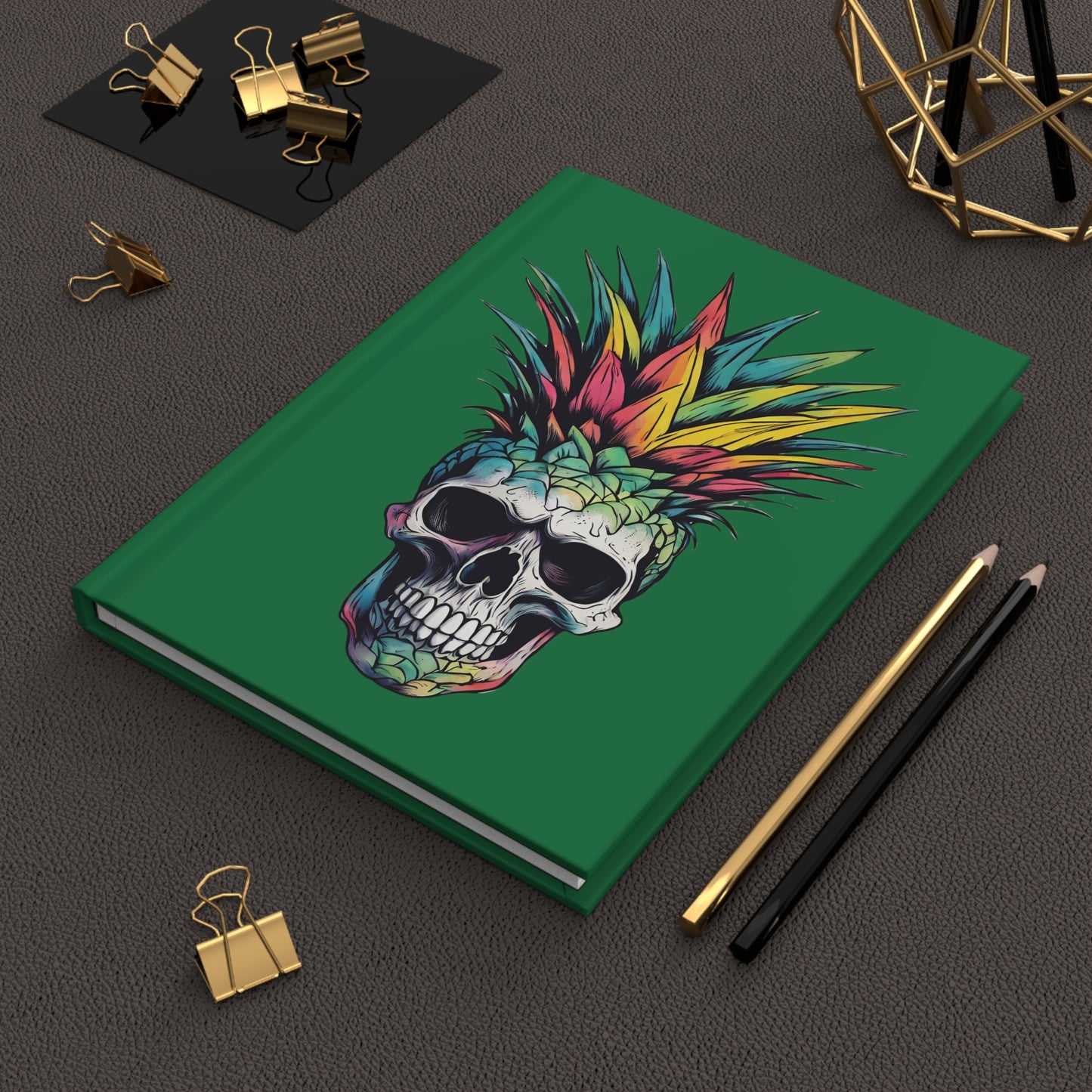 Colorful Pineapple Skull on Dark Green Hardcover Journal Matte