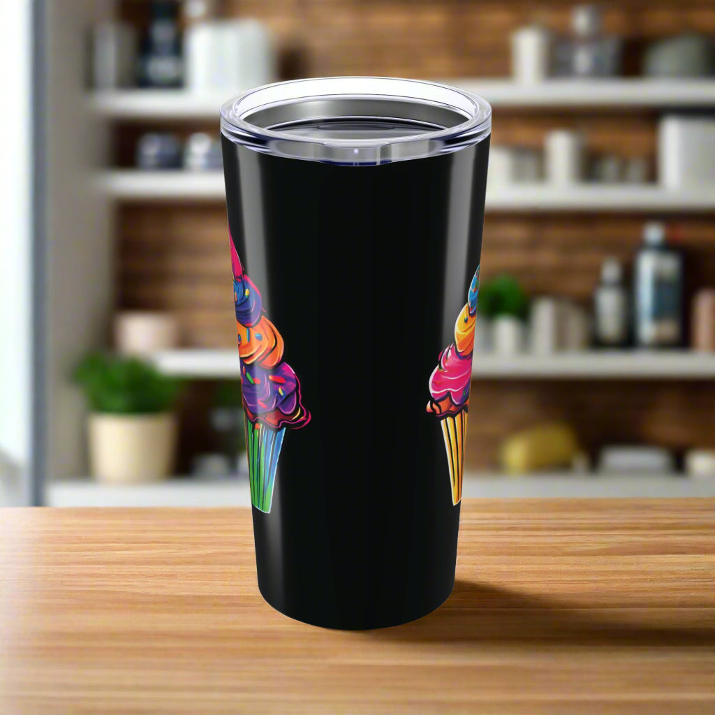 Large Colorful Cupcakes on Black Tumbler 20oz Dishwasher Safe