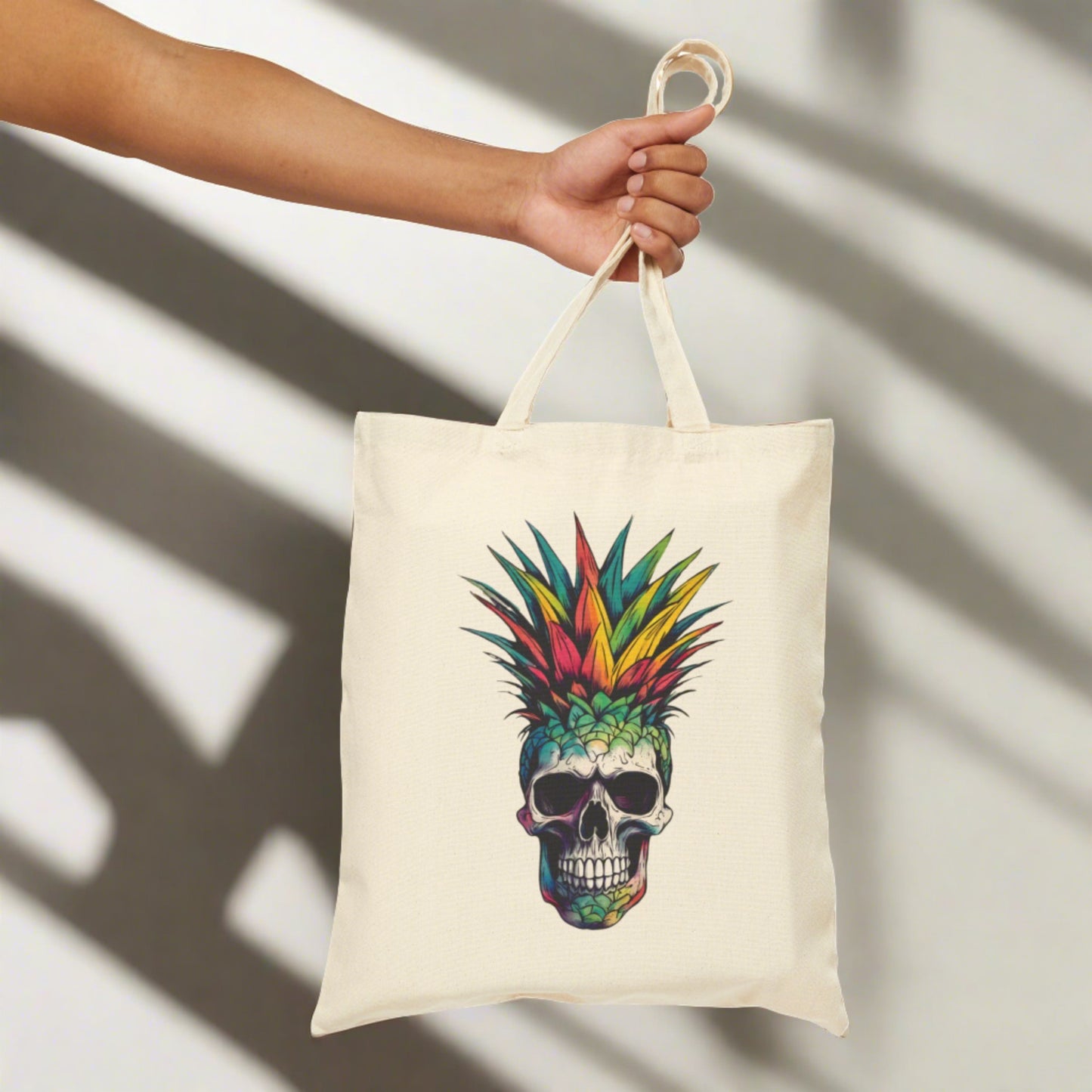 Colorful Pineapple Skull Print on Front - Cotton Canvas Tote Bag