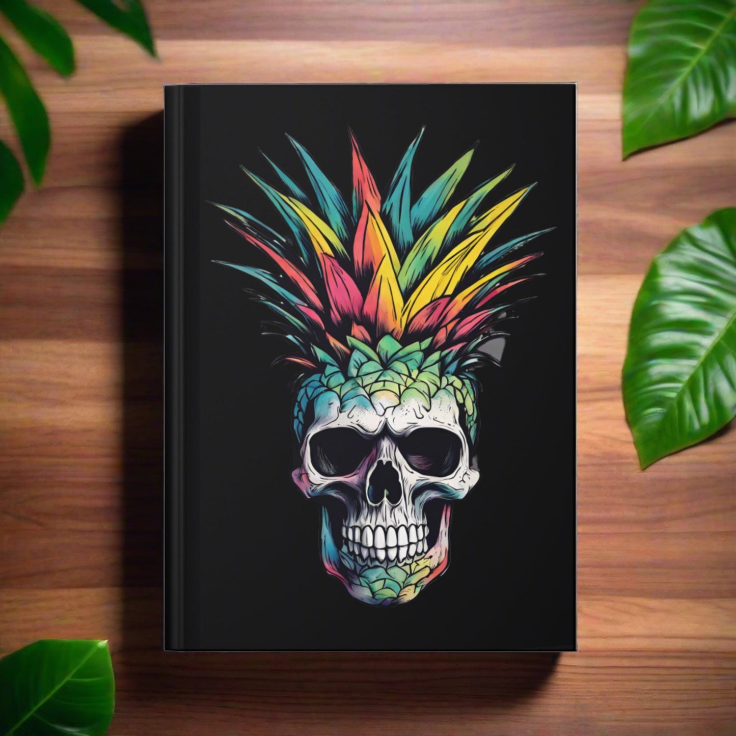 Colorful Pineapple Skull on Black Hardcover Journal Matte