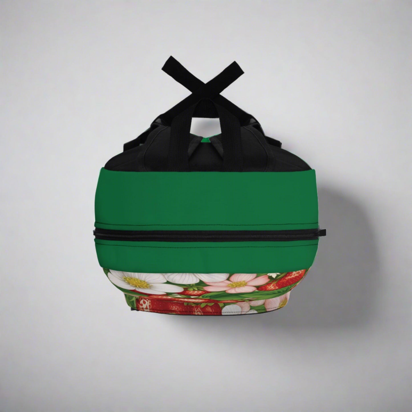 Green Backpack with Strawberries and Flowers