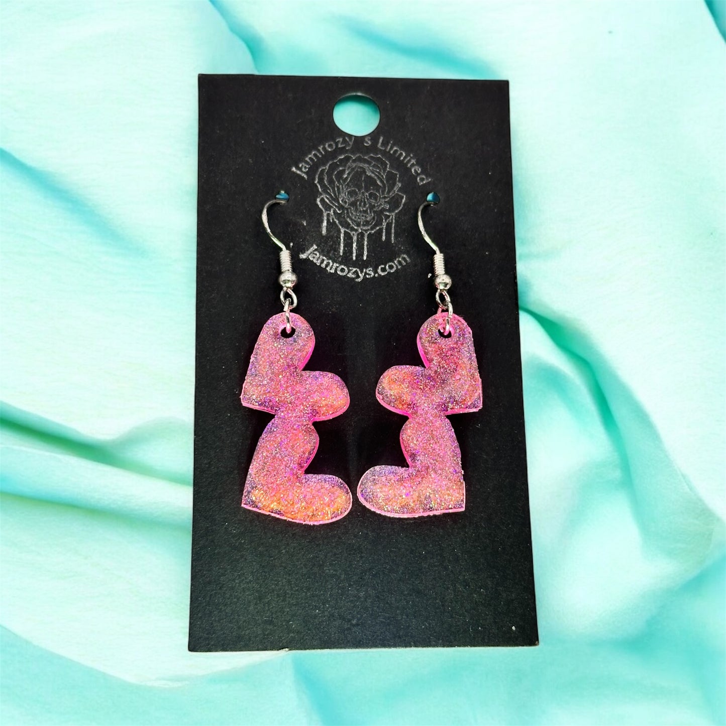 Handmade Double Pink Glitter Hearts Dangle Earrings