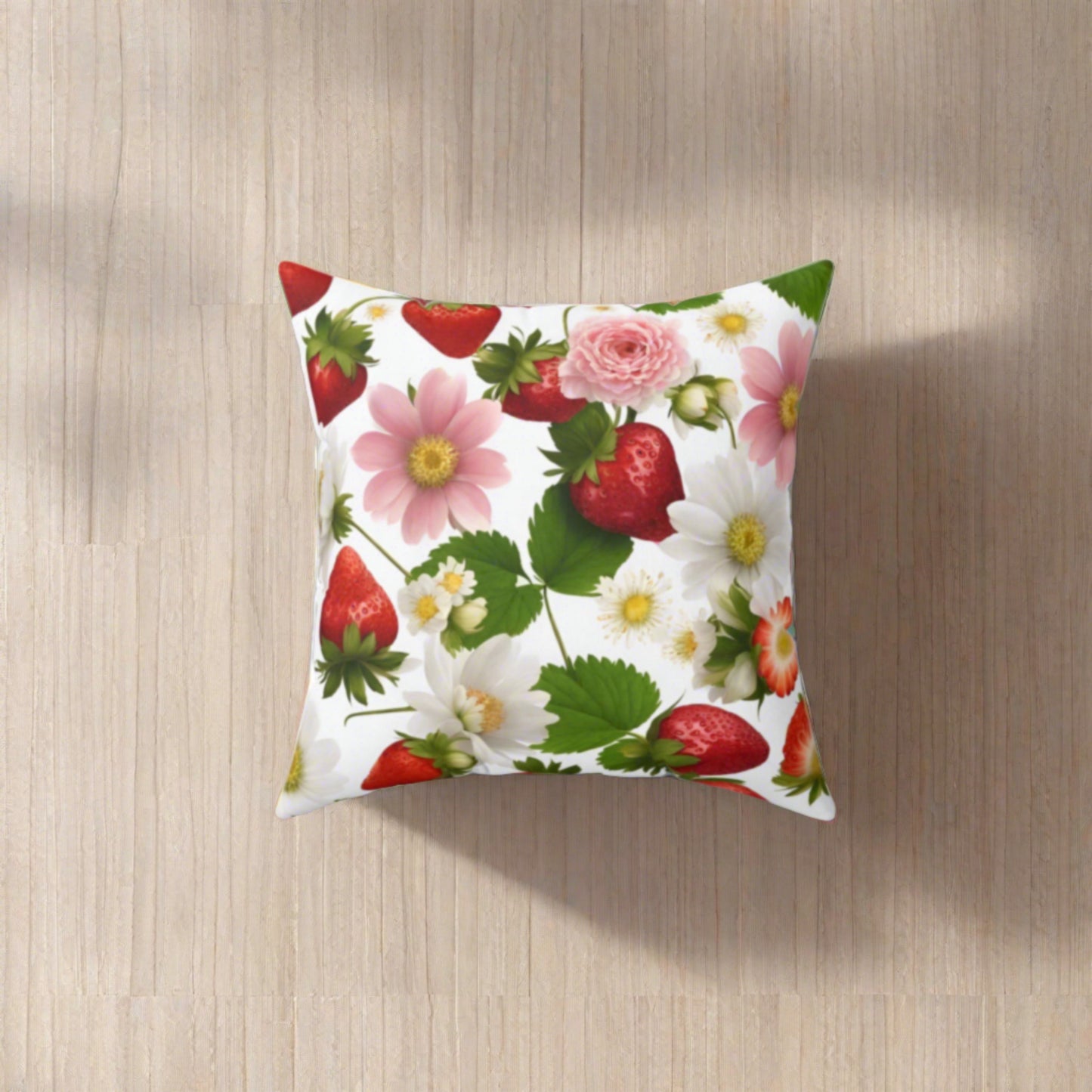 Strawberry Floral Design on Both Sides of Spun Polyester Square Pillow