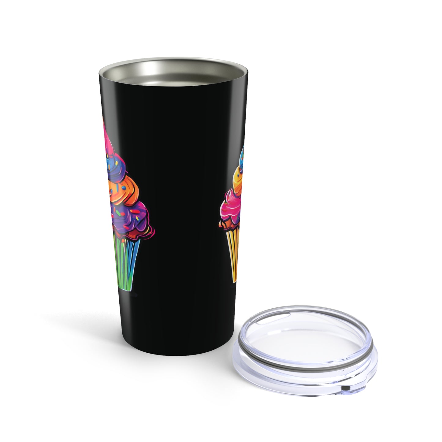 Large Colorful Cupcakes on Black Tumbler 20oz Dishwasher Safe