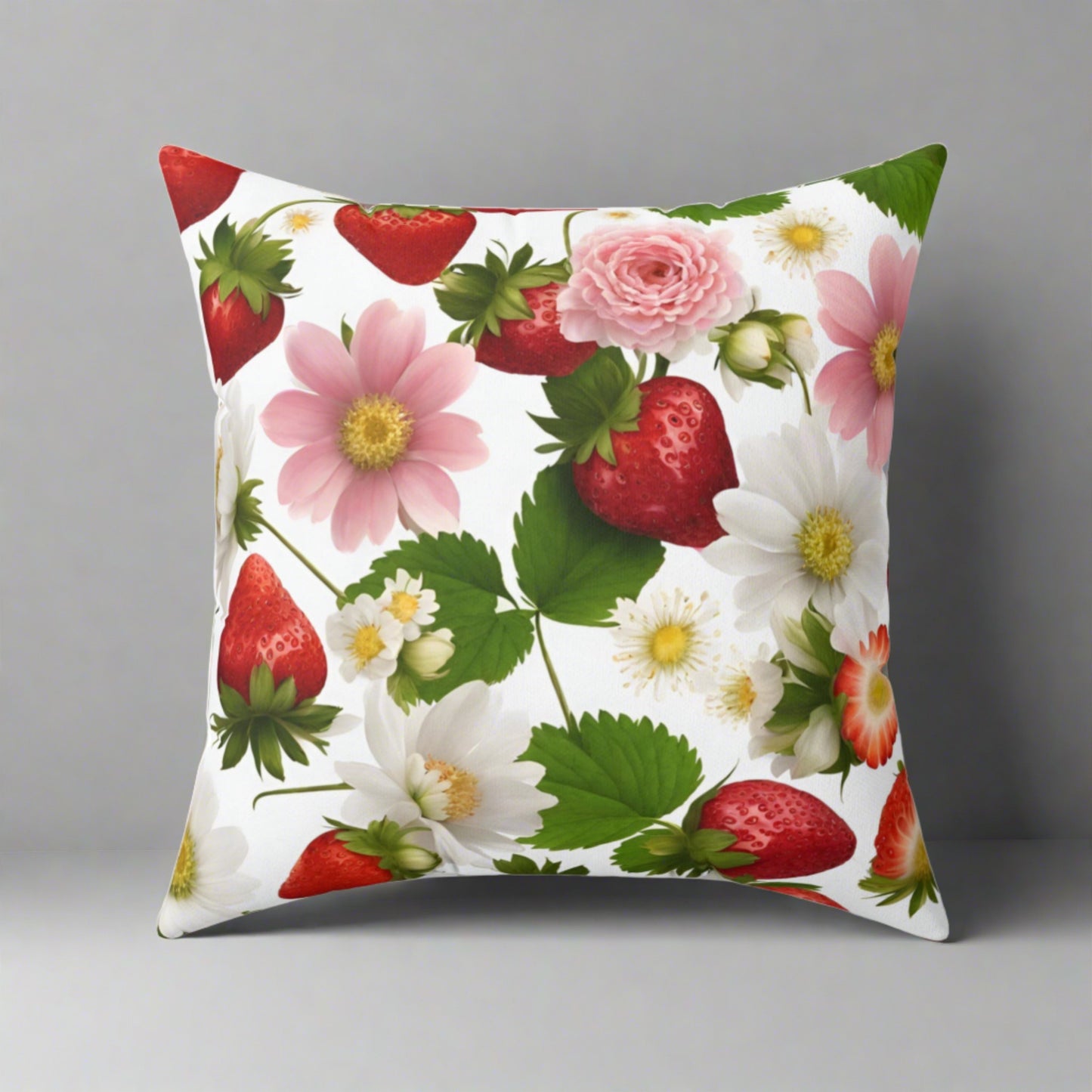 Strawberry Floral Design on Both Sides of Spun Polyester Square Pillow