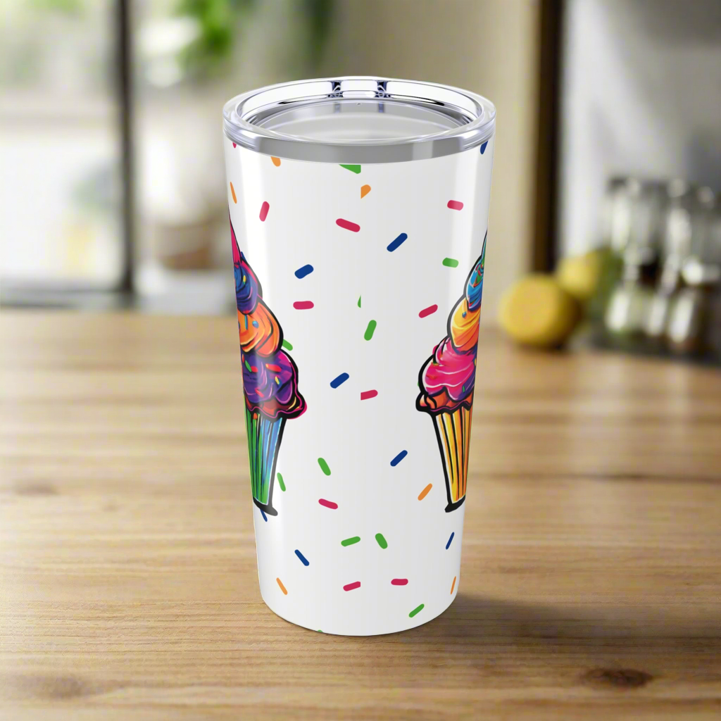 Large Colorful Cupcakes with Sprinkles on White Tumbler 20oz Dishwasher Safe