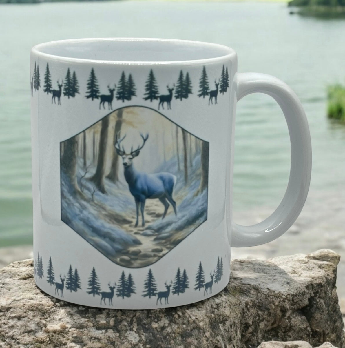 11oz White Ceramic Mug with Blue Deer & Border