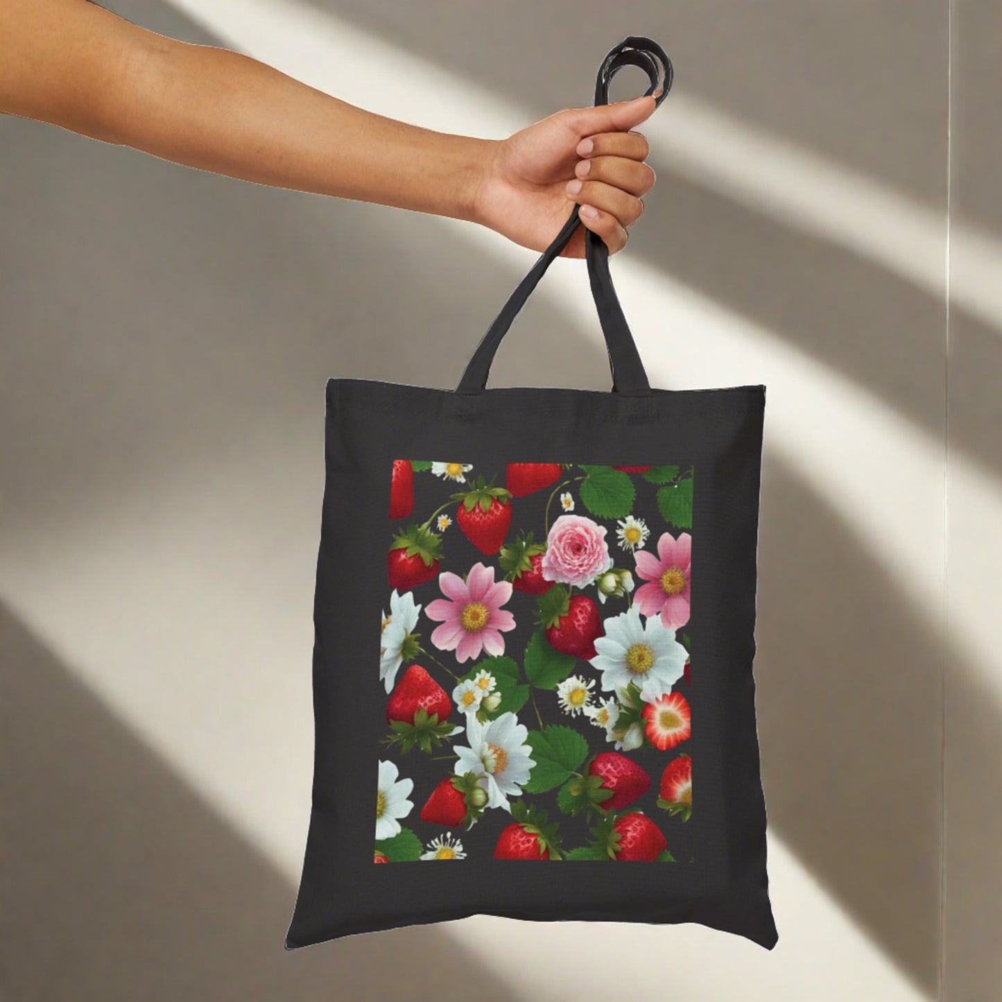 Strawberry Floral Print on Both Sides on Cotton Canvas Tote Bag