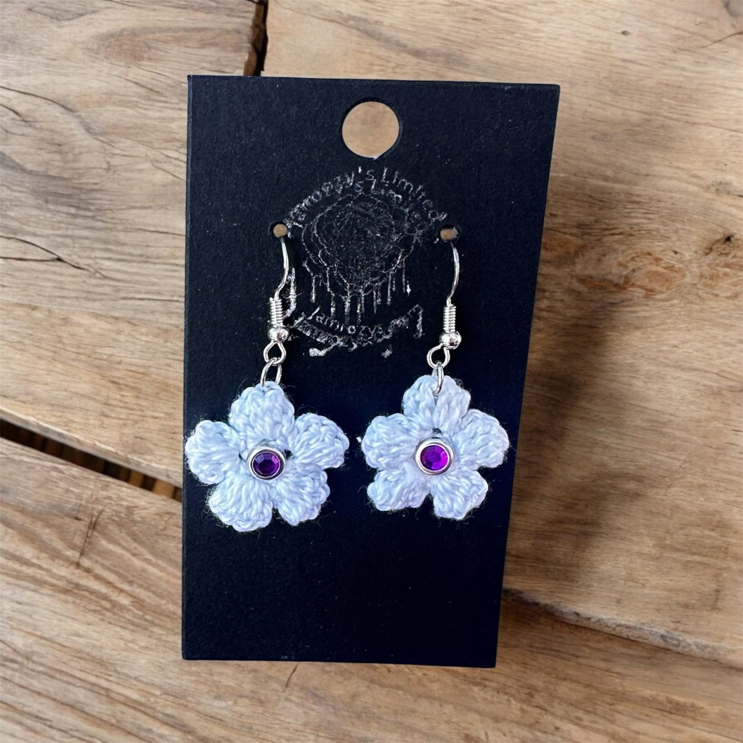 Handmade White Crochet Flowers with Purple Gemstones Dangle Earrings on Sterling Silver Hooks