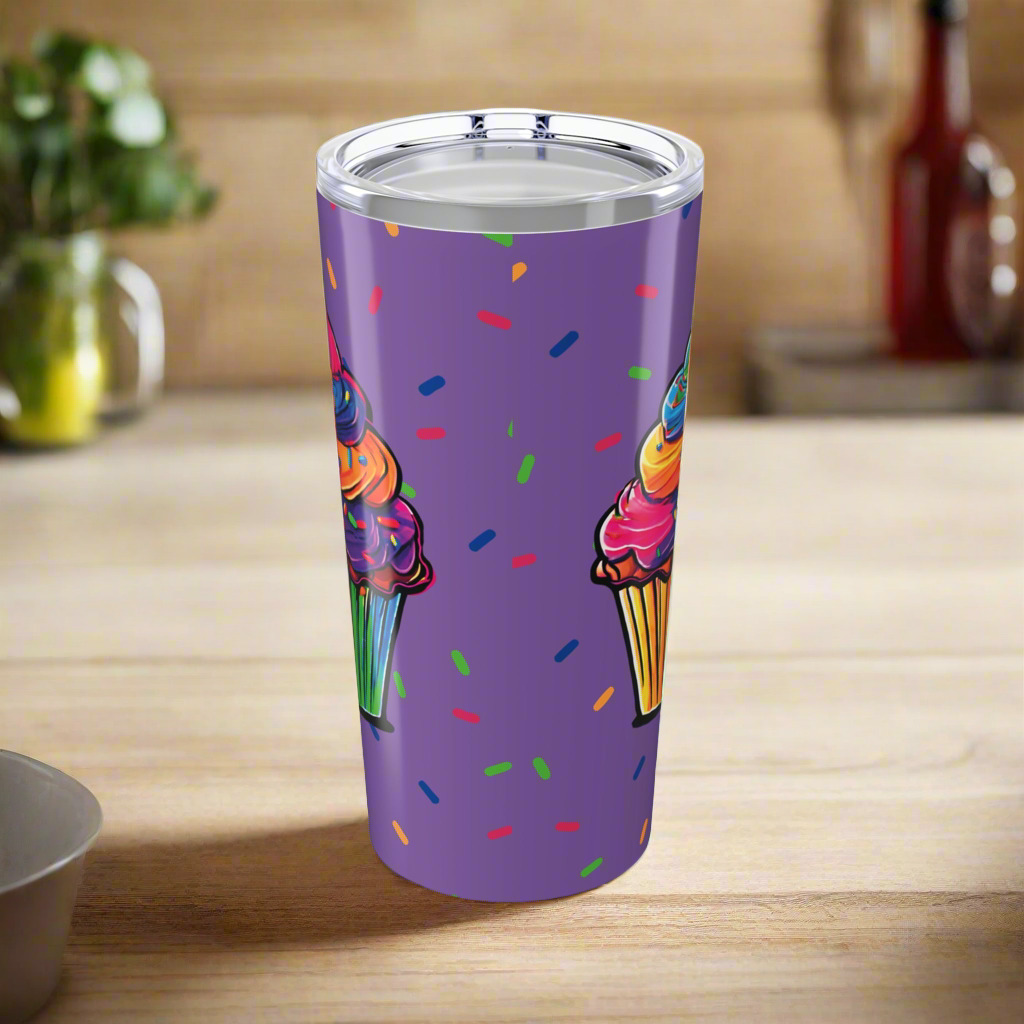 Large Colorful Cupcakes with Sprinkles on Light Purple Tumbler 20oz Dishwasher Safe