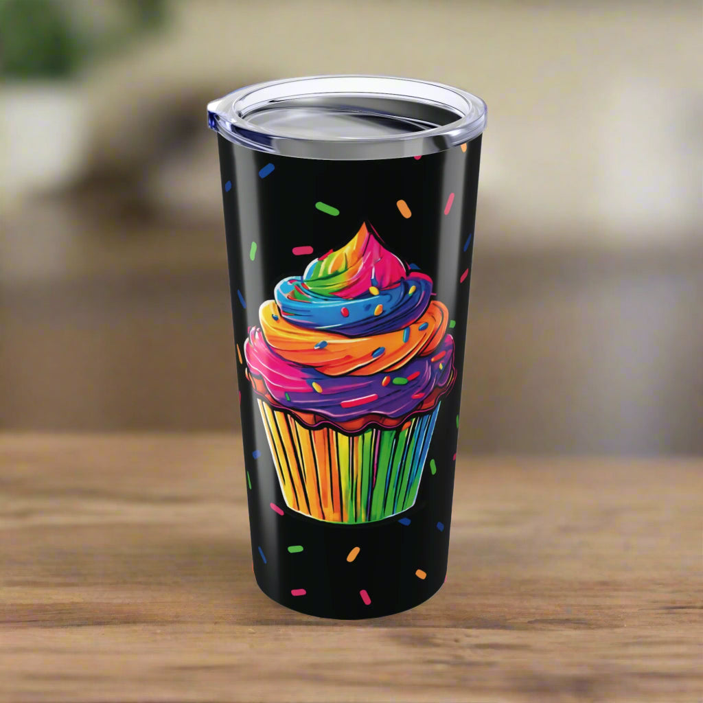 Large Colorful Cupcakes with Sprinkles on Black Tumbler 20oz Dishwasher Safe