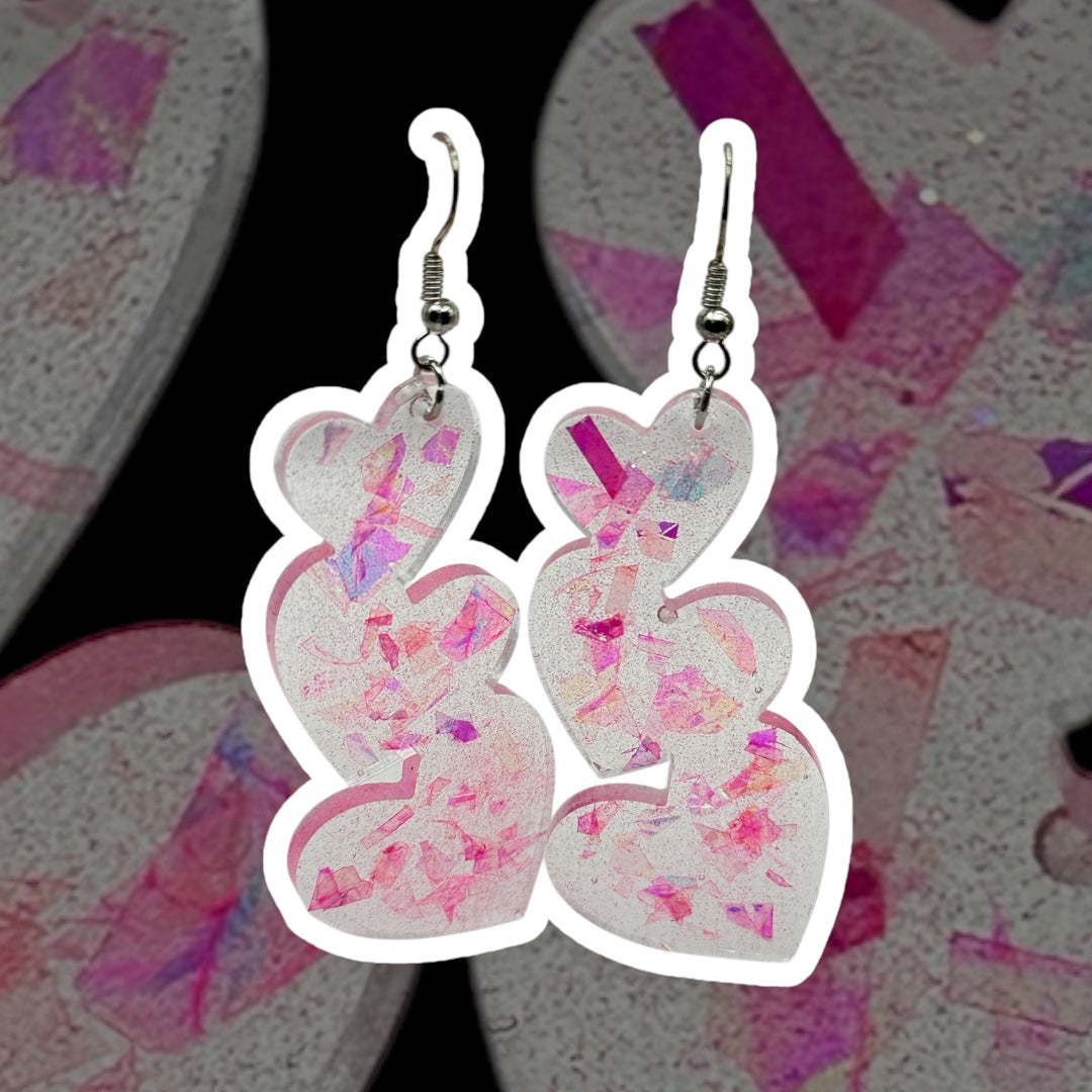 Handmade Triple Pink Glitter & Halo Chunk Hearts Dangle Earrings