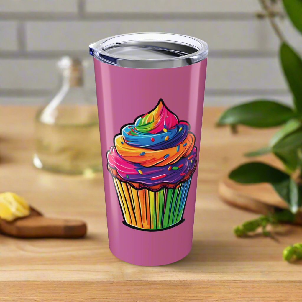 Large Colorful Cupcakes on Light Pink Tumbler 20oz Dishwasher Safe