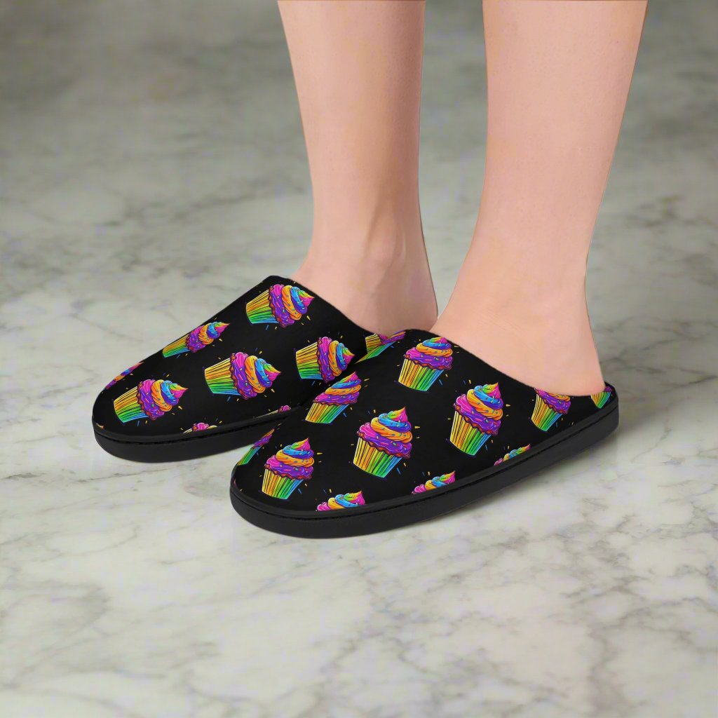 Neon Cupcakes Women's Indoor Slippers in Black