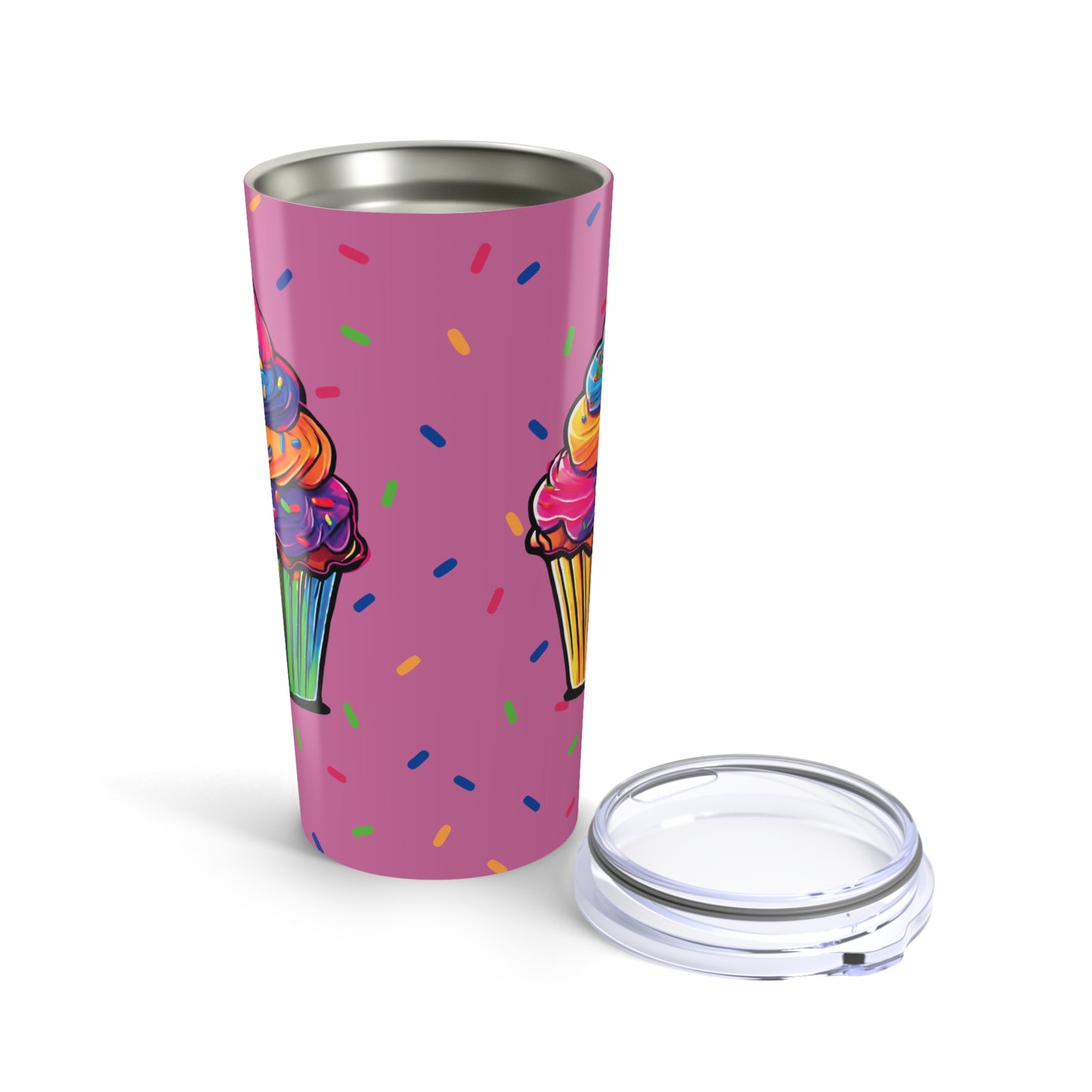 Large Colorful Cupcakes with Sprinkles on Light Pink Tumbler 20oz Dishwasher Safe