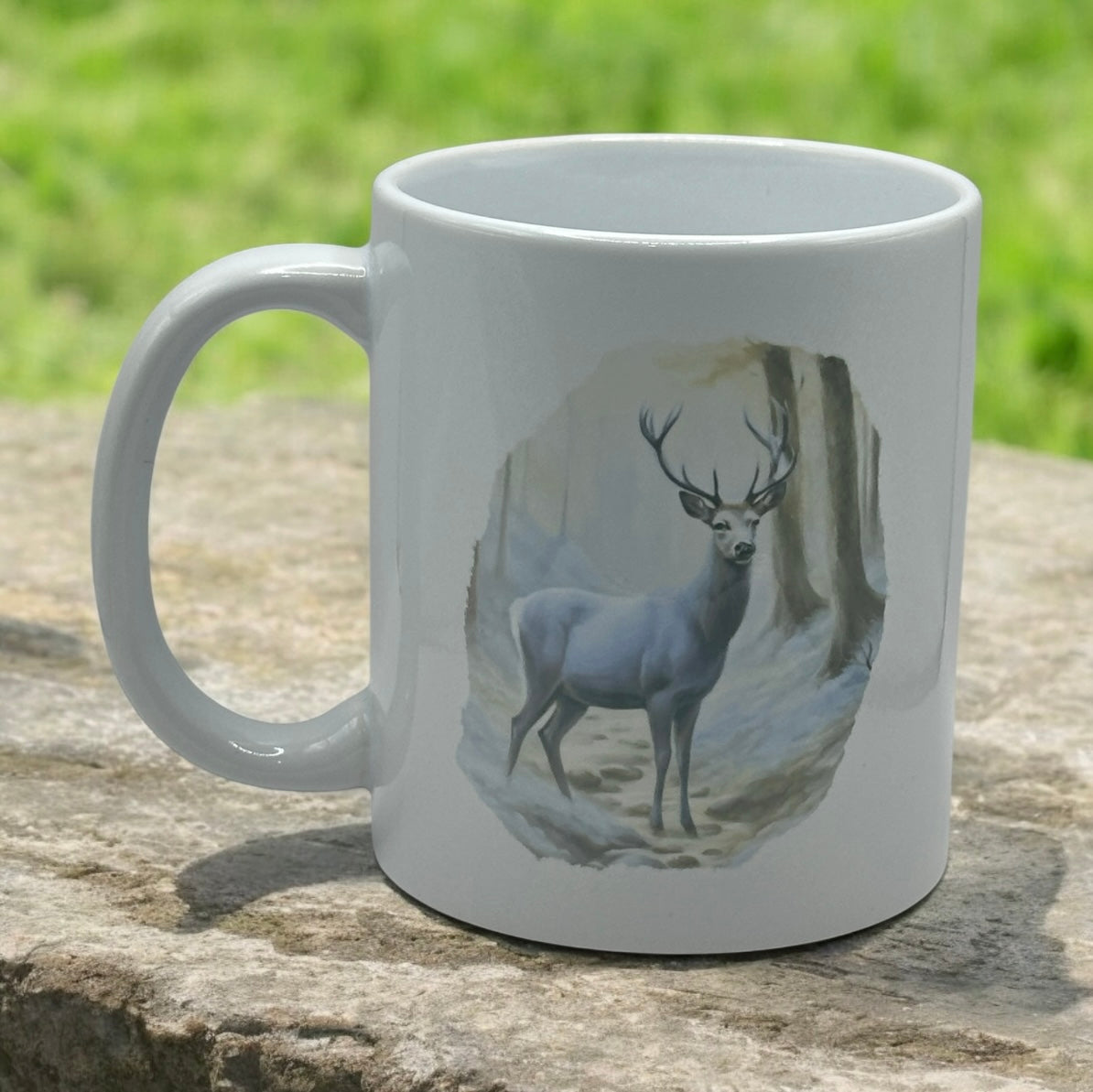 11oz White Ceramic Mug with Blue Deer Winter Wonderland