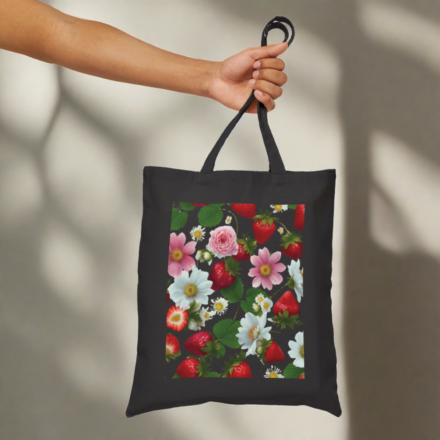 Strawberry Floral Print on Both Sides on Cotton Canvas Tote Bag