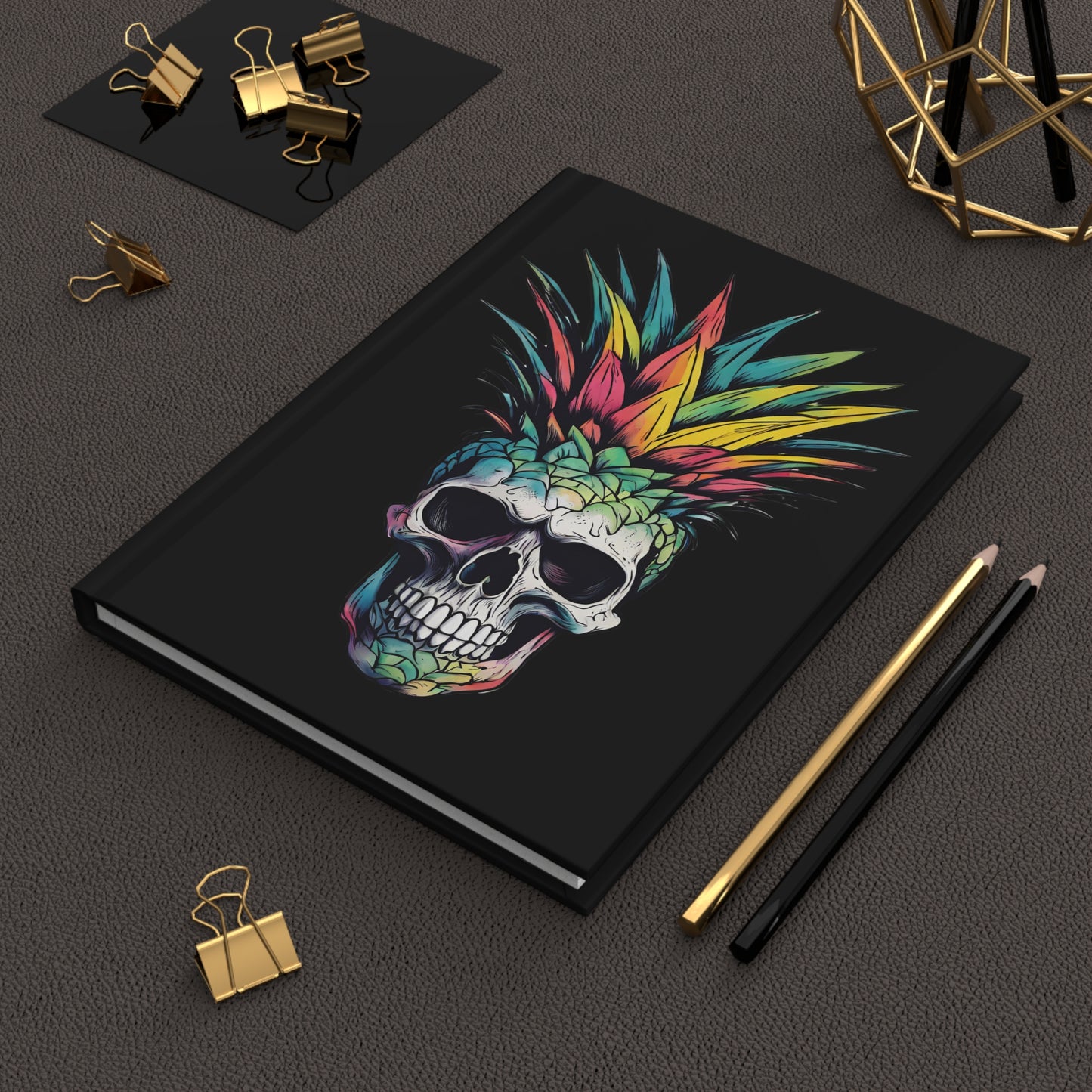 Colorful Pineapple Skull on Black Hardcover Journal Matte