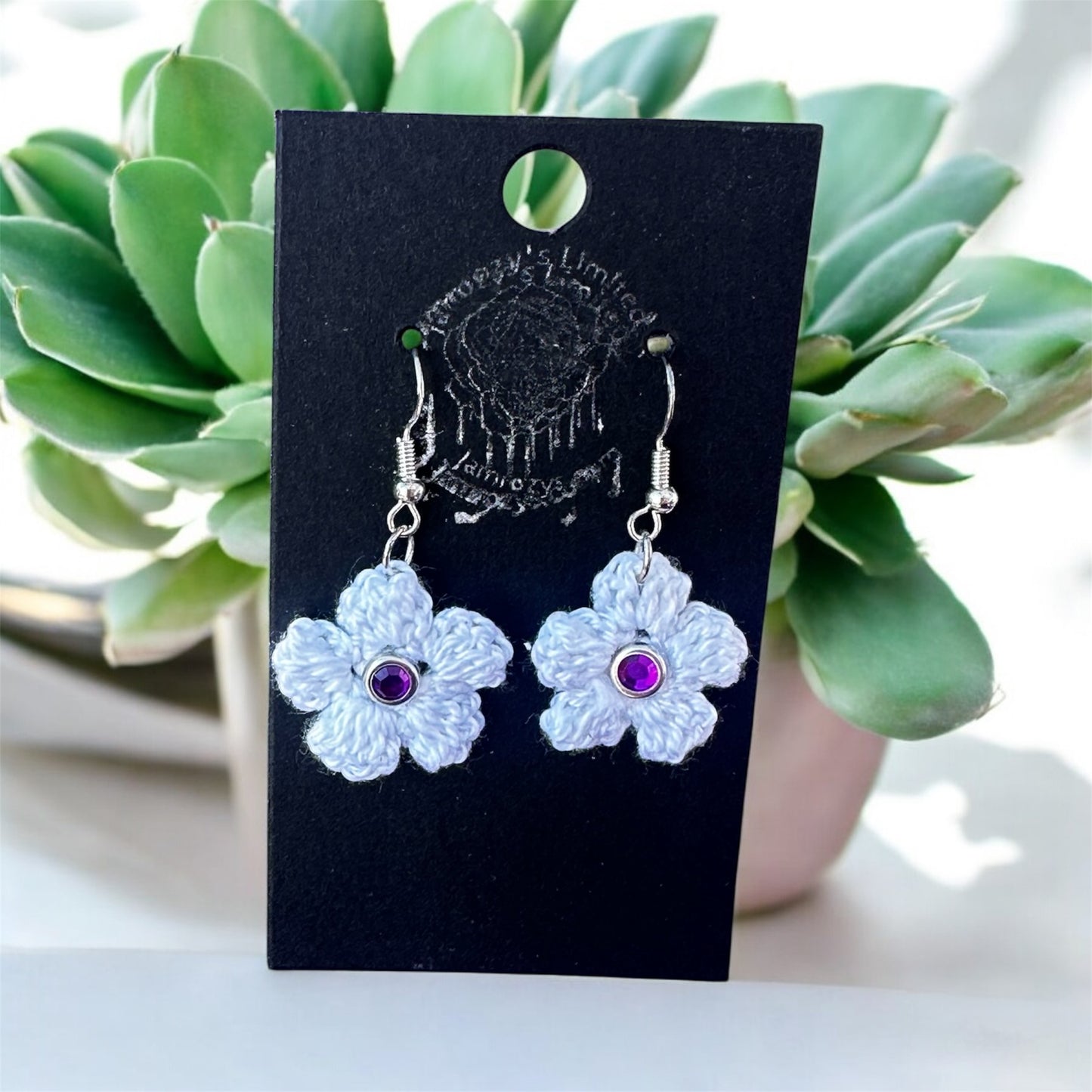 Handmade White Crochet Flowers with Purple Gemstones Dangle Earrings on Sterling Silver Hooks