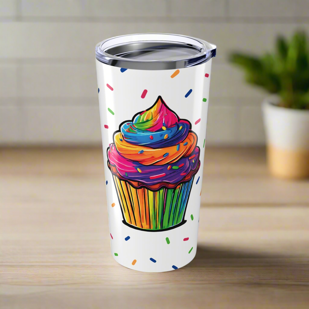 Large Colorful Cupcakes with Sprinkles on White Tumbler 20oz Dishwasher Safe